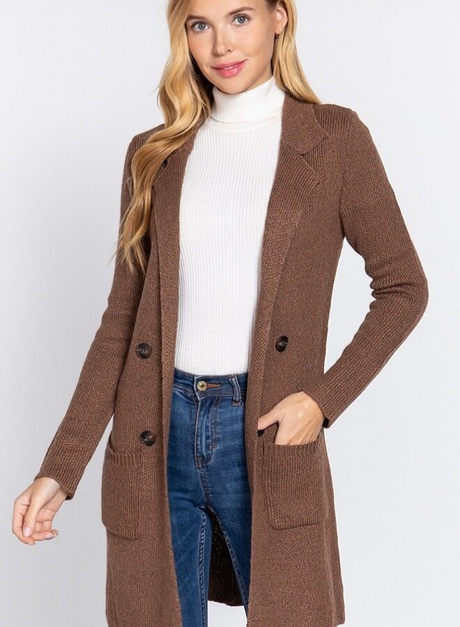 Long sleeve notched collar sweater jacket