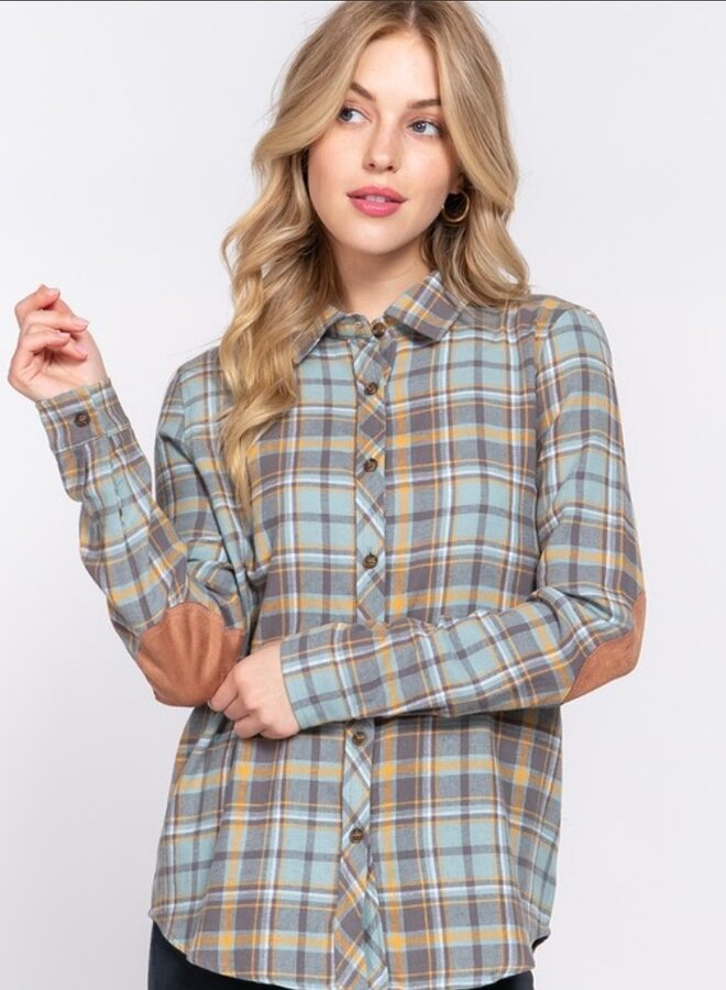Long sleeve suede patch plaid shirt