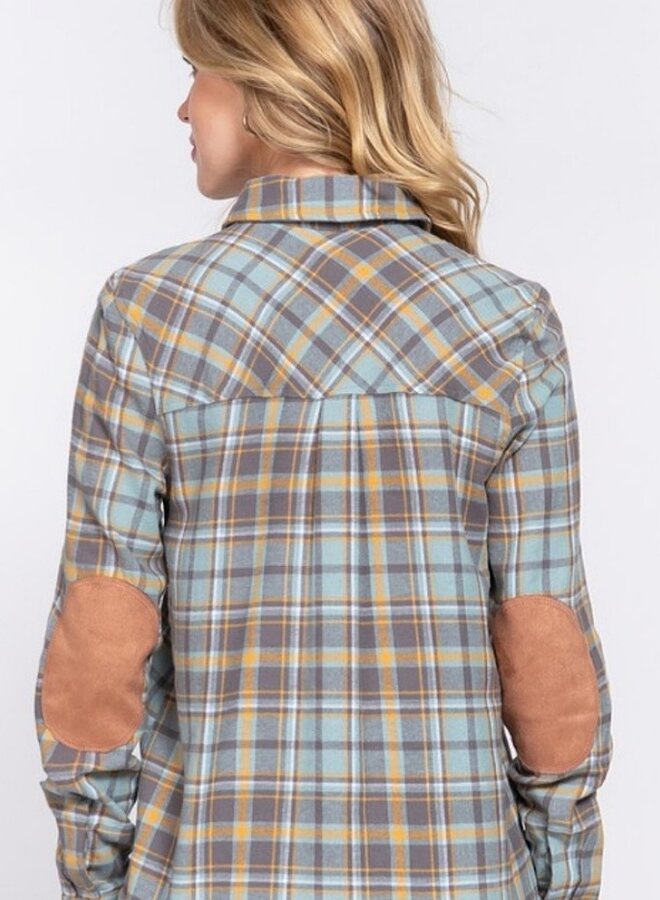 Long sleeve suede patch plaid shirt