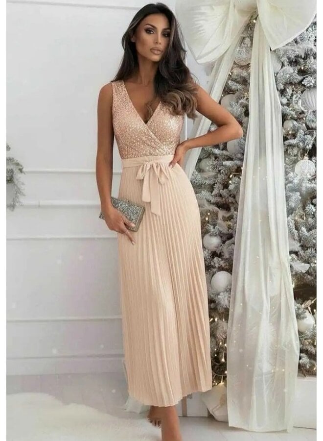 No sleeve sequin pleated gold dress