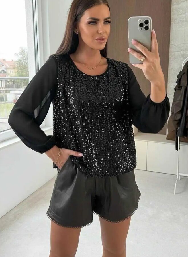 Sheer long sleeve sequin and velvet blouse