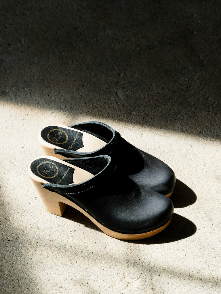 black high heel clogs