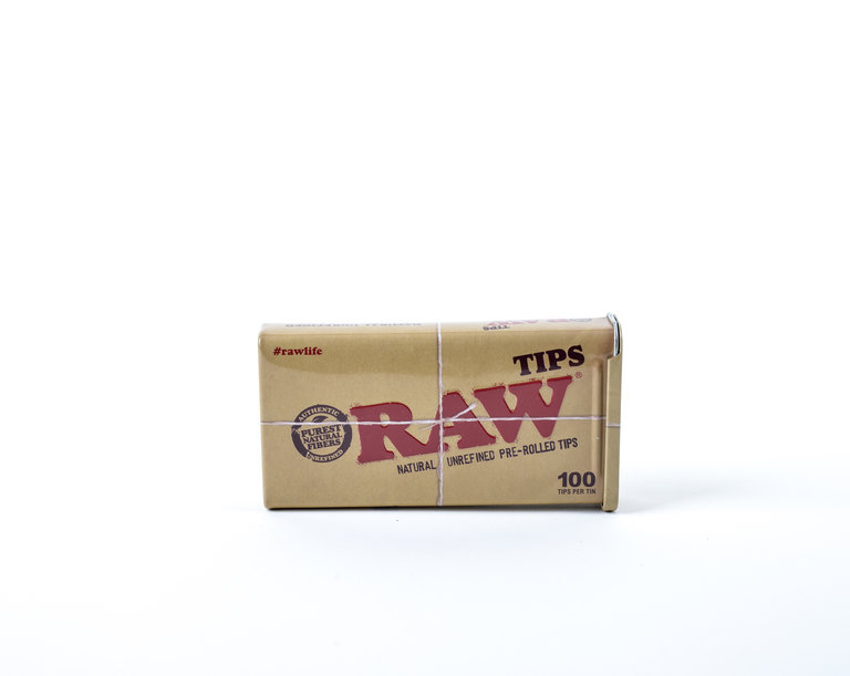 Raw 100 Count Pre-rolled tips in a storage tin