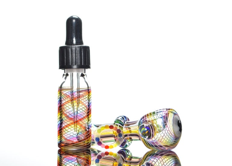 Set Of Glass Vials And Bottles With Multicolored Liquid Various