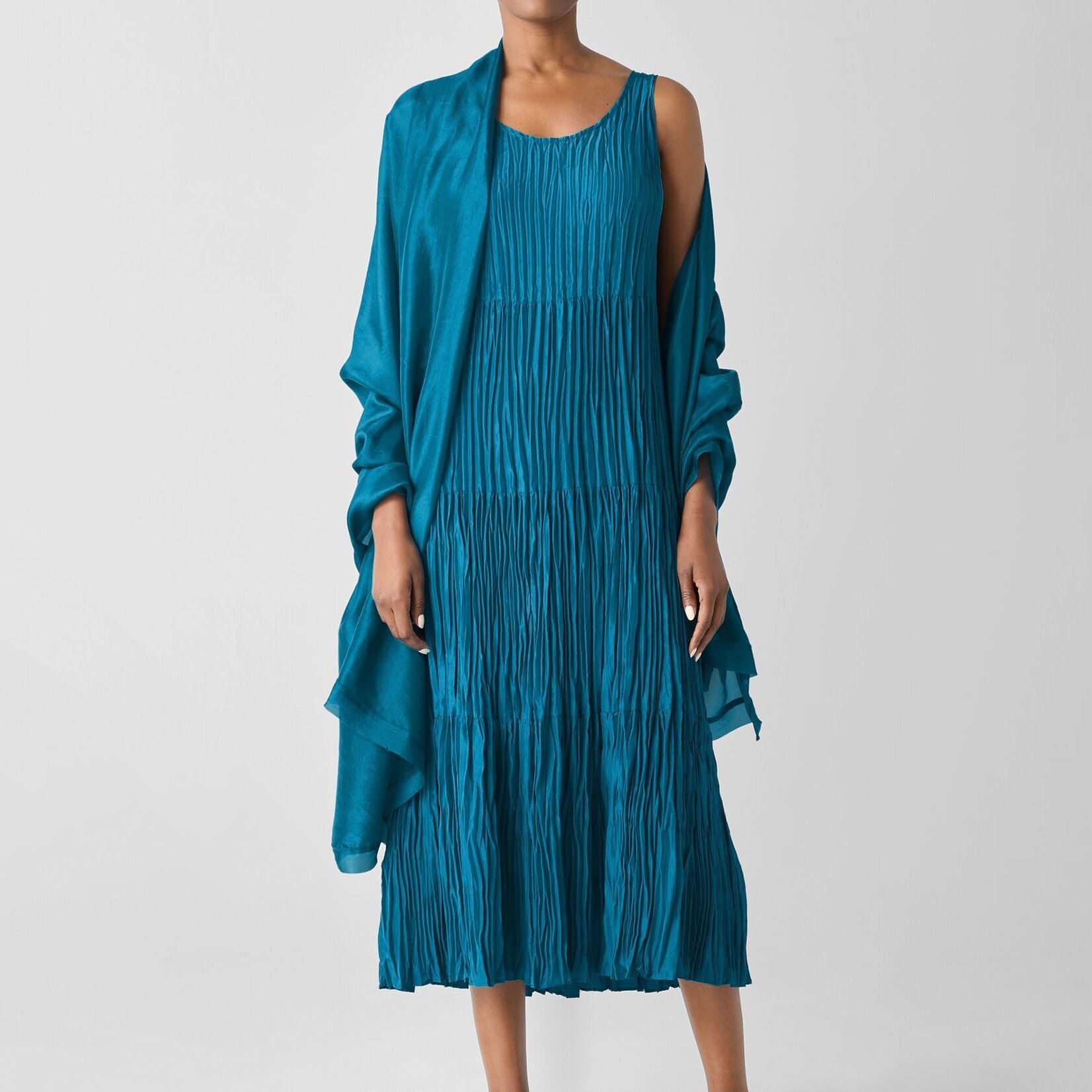 EILEEN FISHER CRUSHED SILK TIERED DRESS