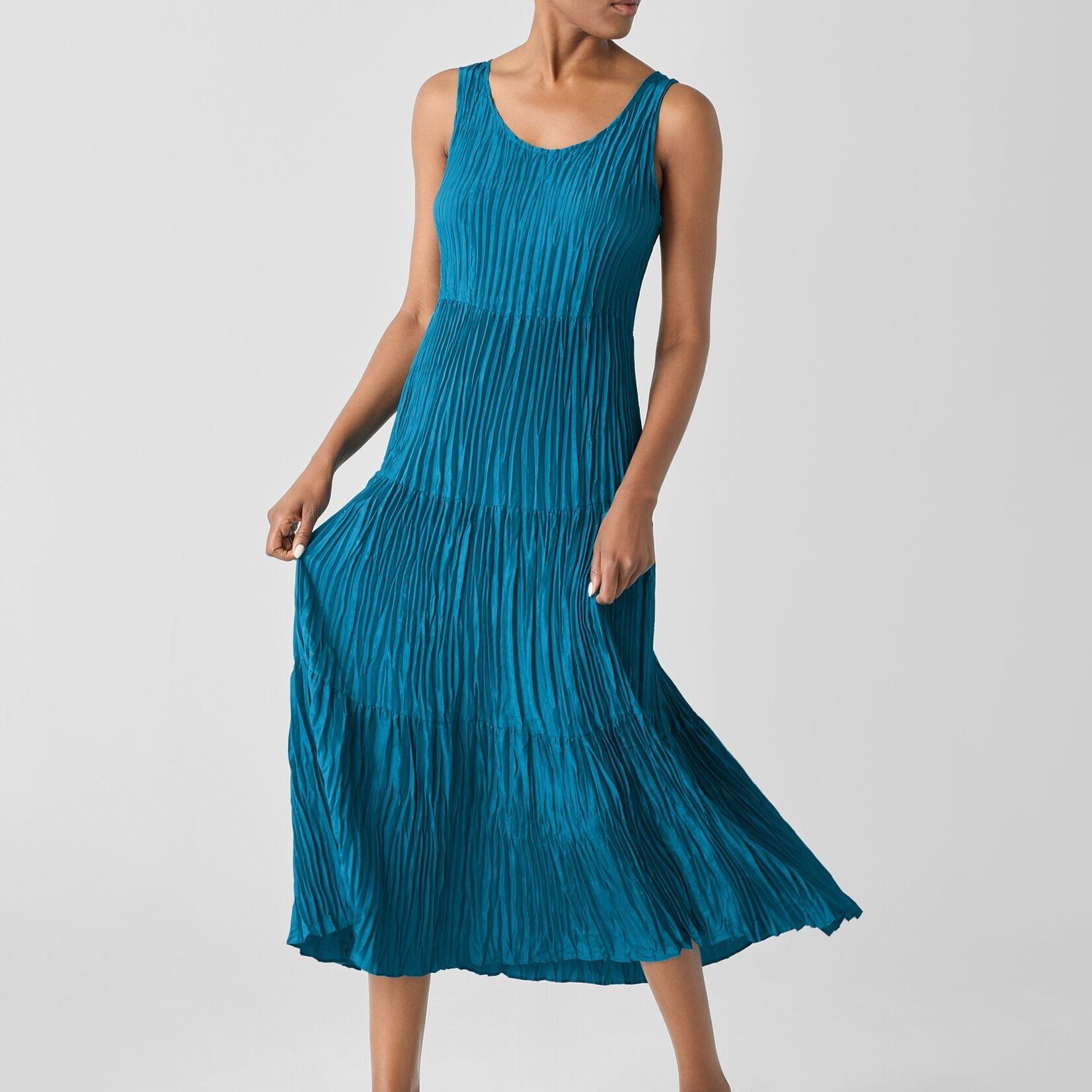 EILEEN FISHER CRUSHED SILK TIERED DRESS