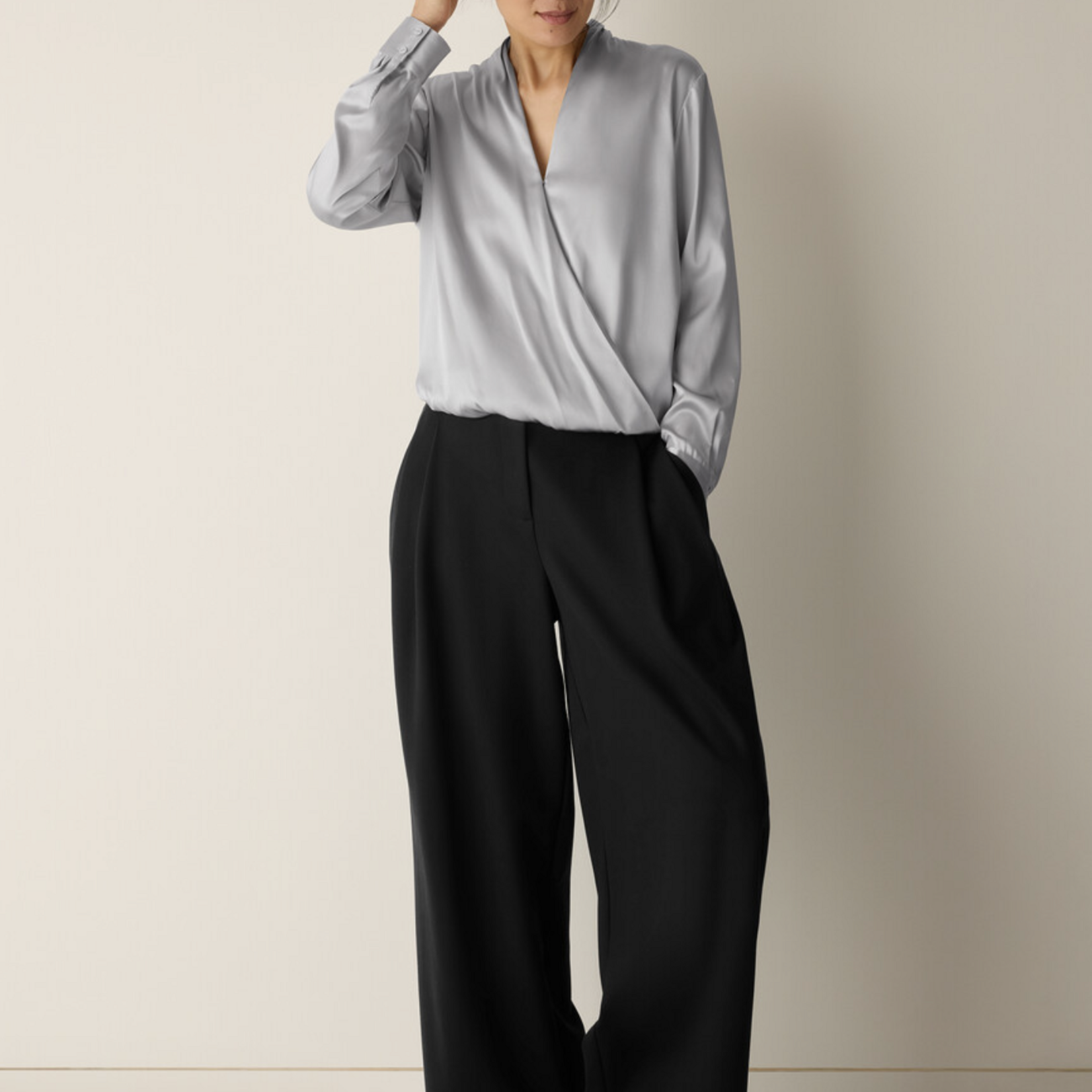 EILEEN FISHER STRETCH SILK CHARMEUSE WRAP TOP
