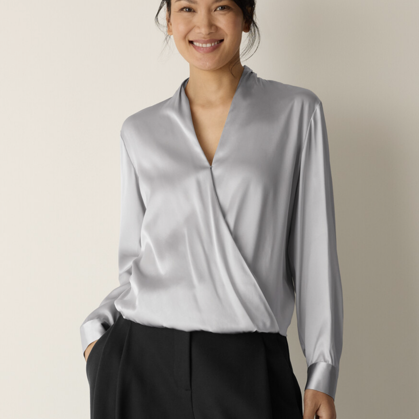 EILEEN FISHER STRETCH SILK CHARMEUSE WRAP TOP
