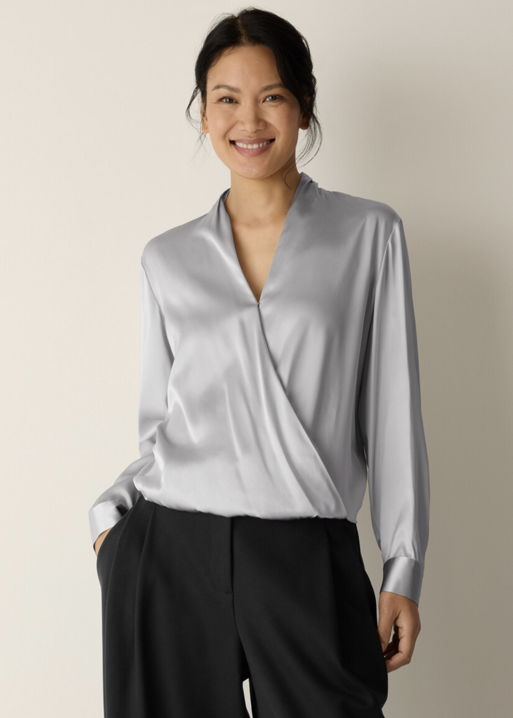 EILEEN FISHER STRETCH SILK CHARMEUSE WRAP TOP