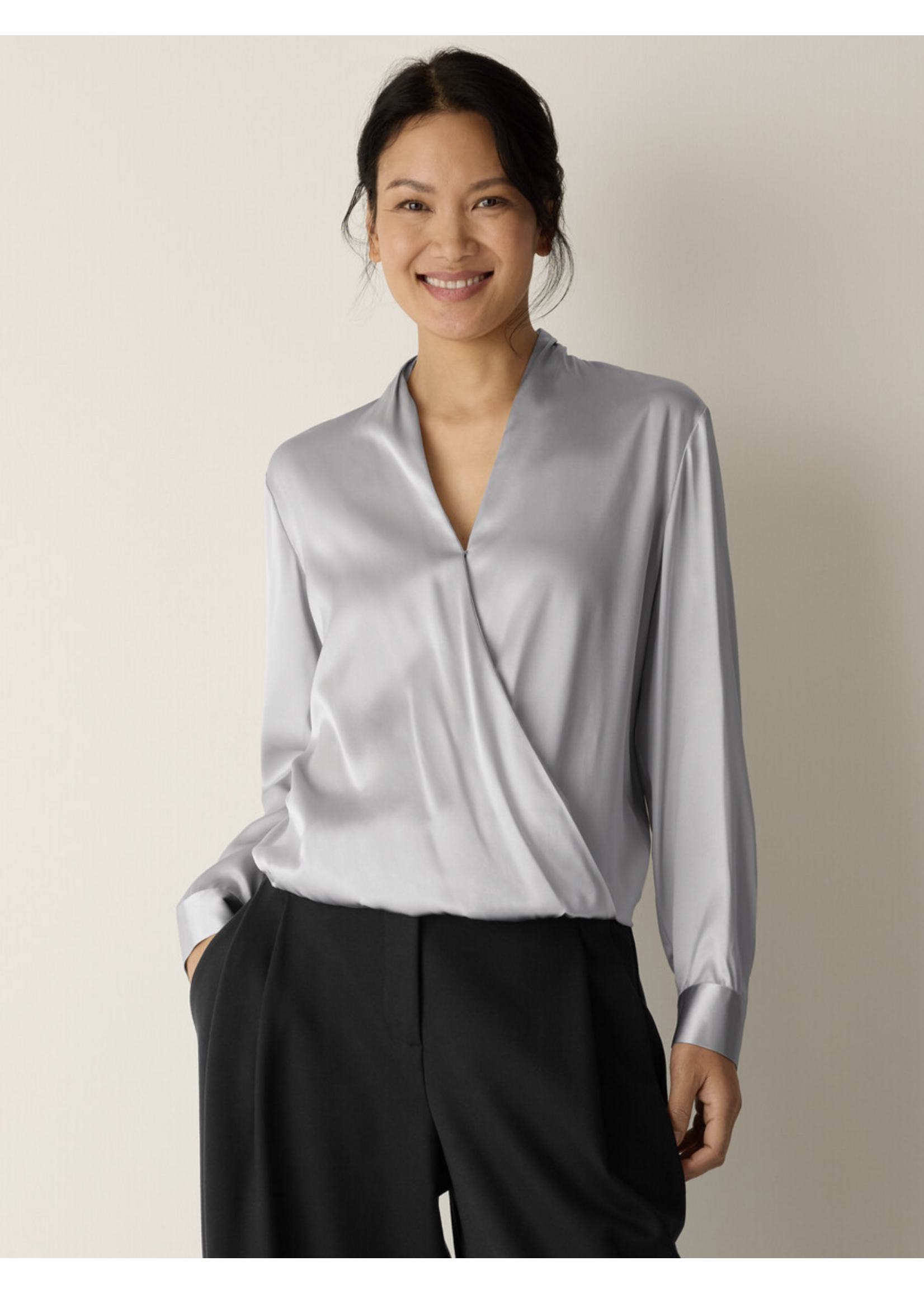 EILEEN FISHER STRETCH SILK CHARMEUSE WRAP TOP