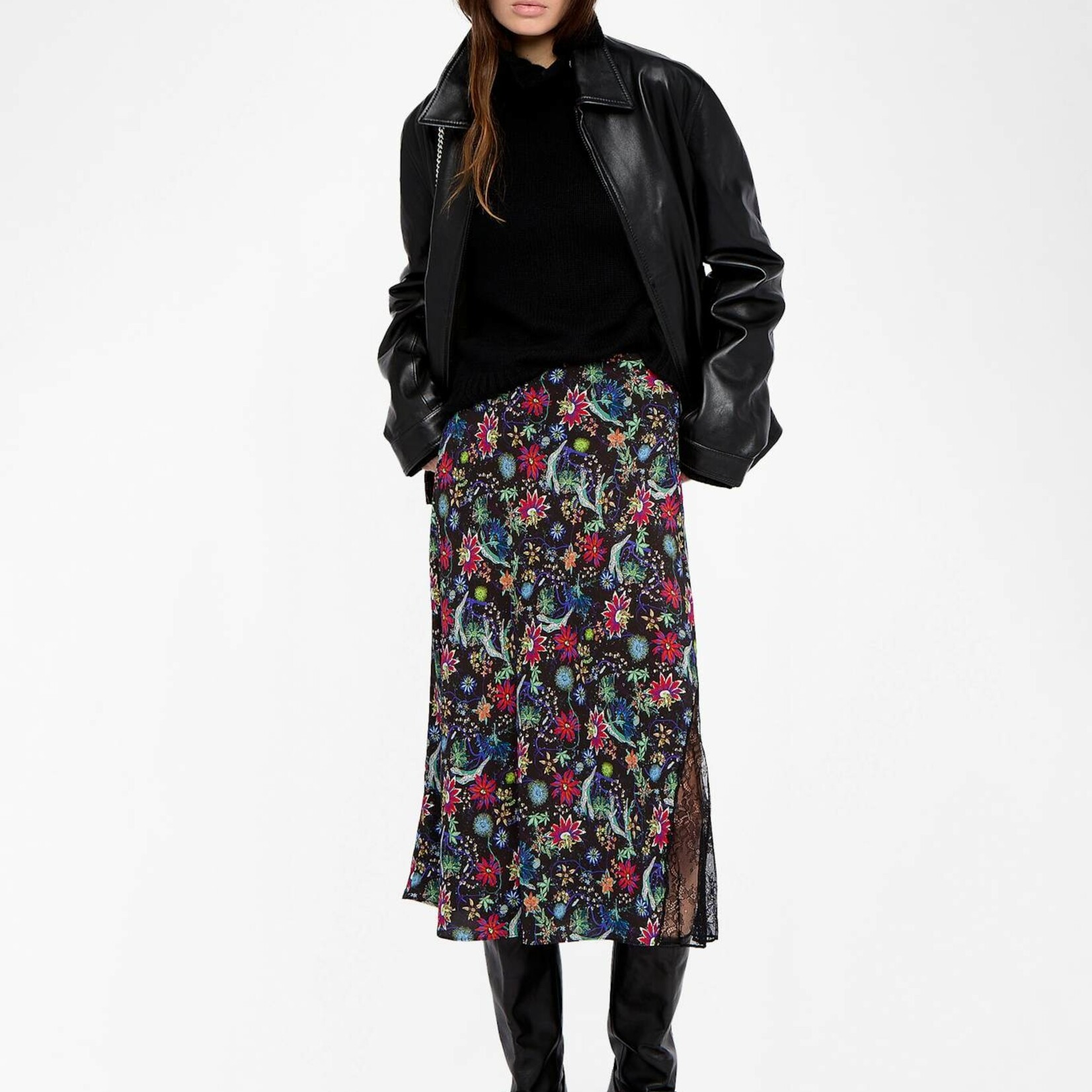 ZADIG & VOLTAIRE JAYLA FLORAL MIDI SKIRT WITH LACE