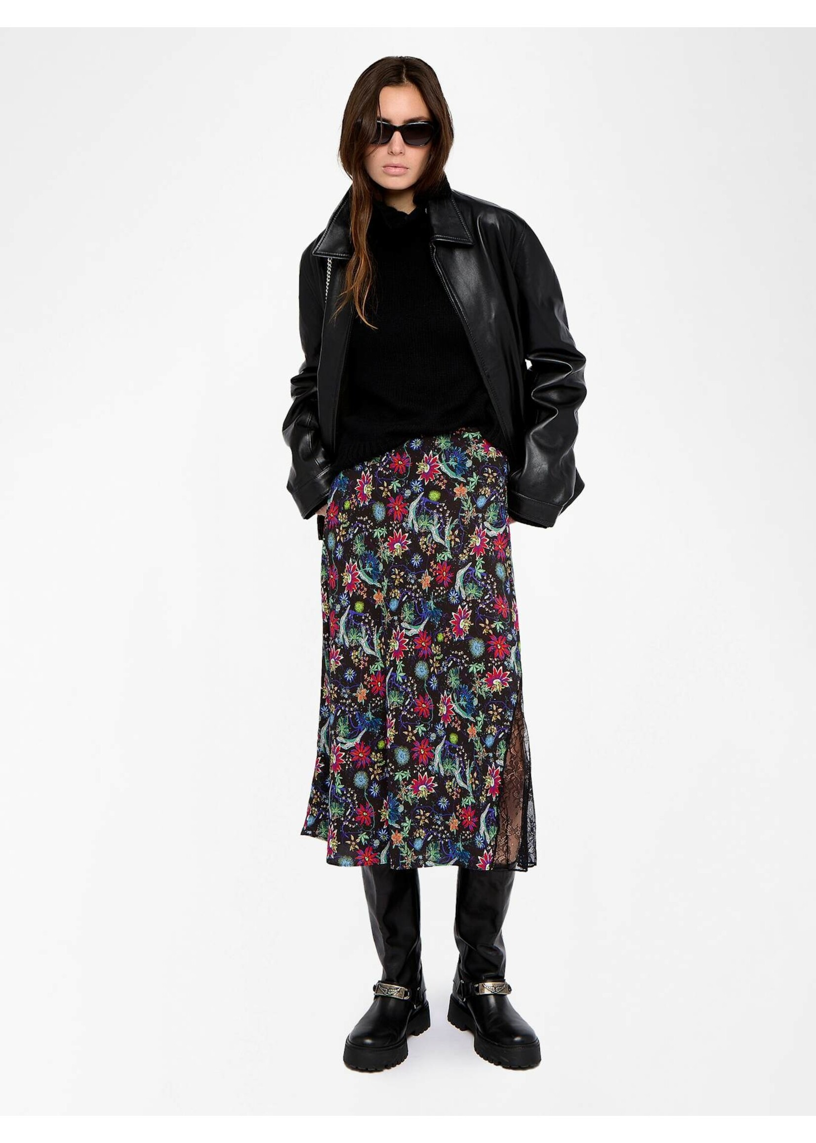 ZADIG & VOLTAIRE JAYLA FLORAL MIDI SKIRT WITH LACE TRIM - B. Prince