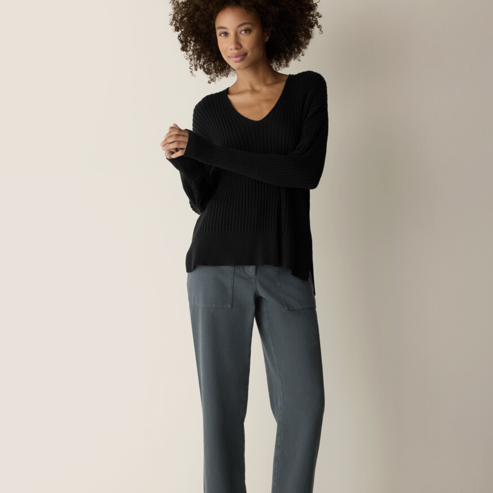 EILEEN FISHER PERUVIAN COTTON BLEND V-NECK TOP