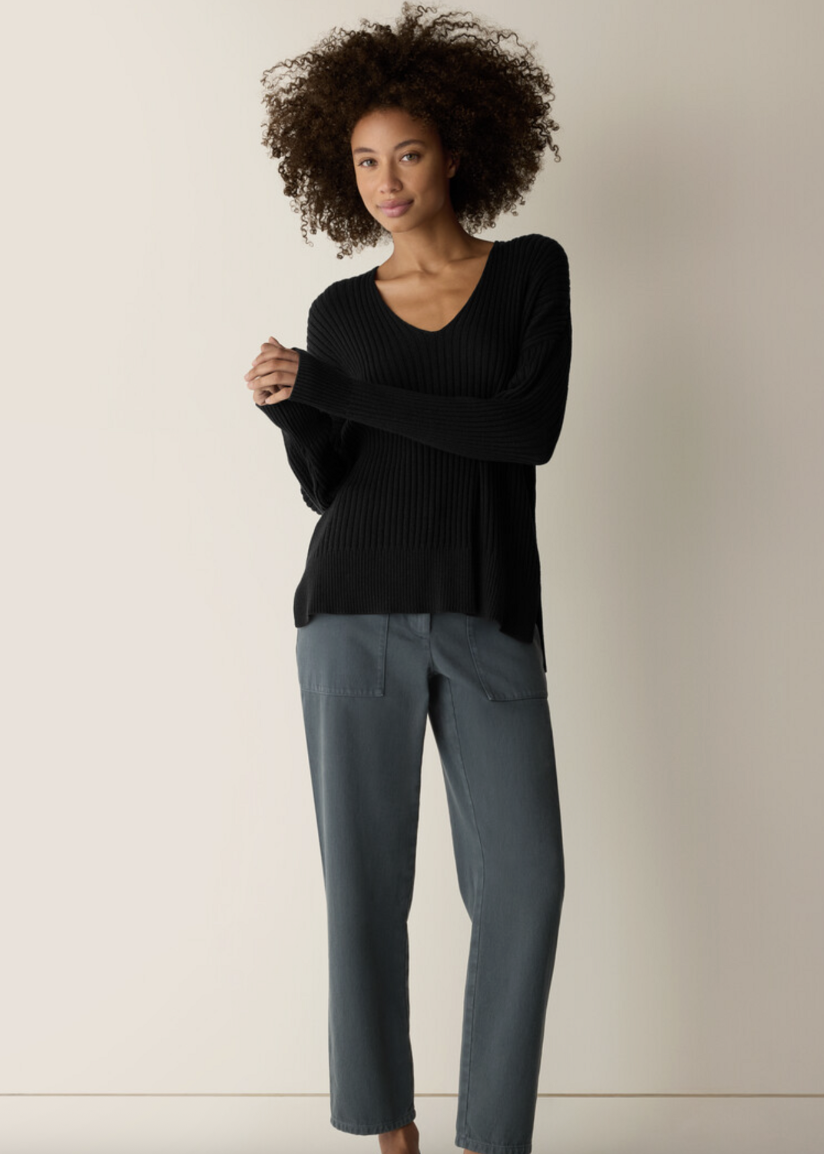 EILEEN FISHER PERUVIAN COTTON BLEND V-NECK TOP