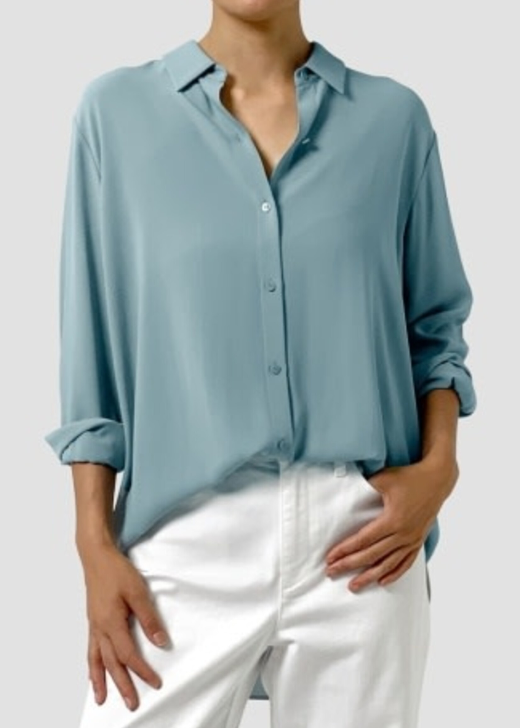 EILEEN FISHER SILK GEORGETTE CREPE CLASSIC COLLAR SHIRT