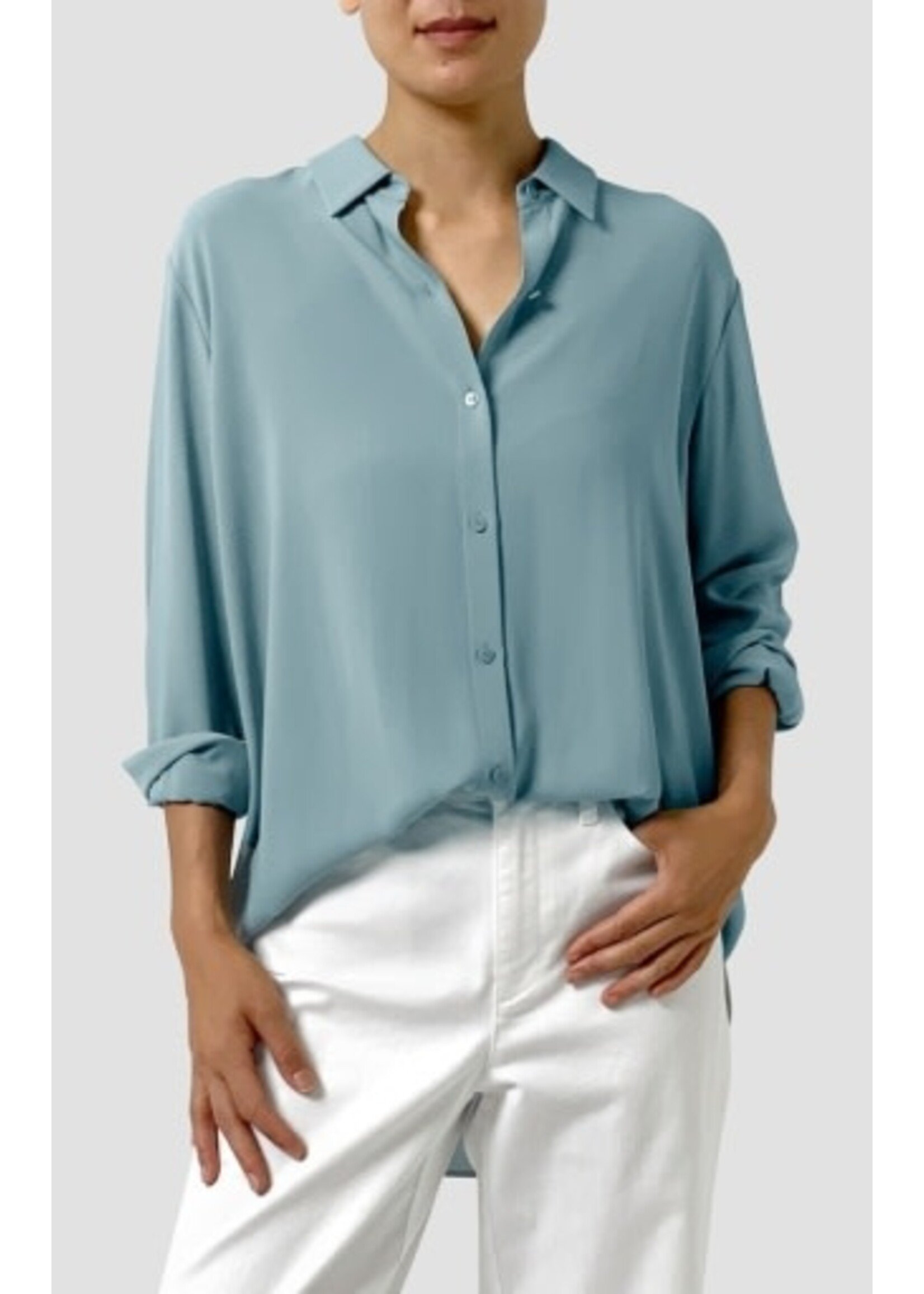 EILEEN FISHER SILK GEORGETTE CREPE CLASSIC COLLAR SHIRT