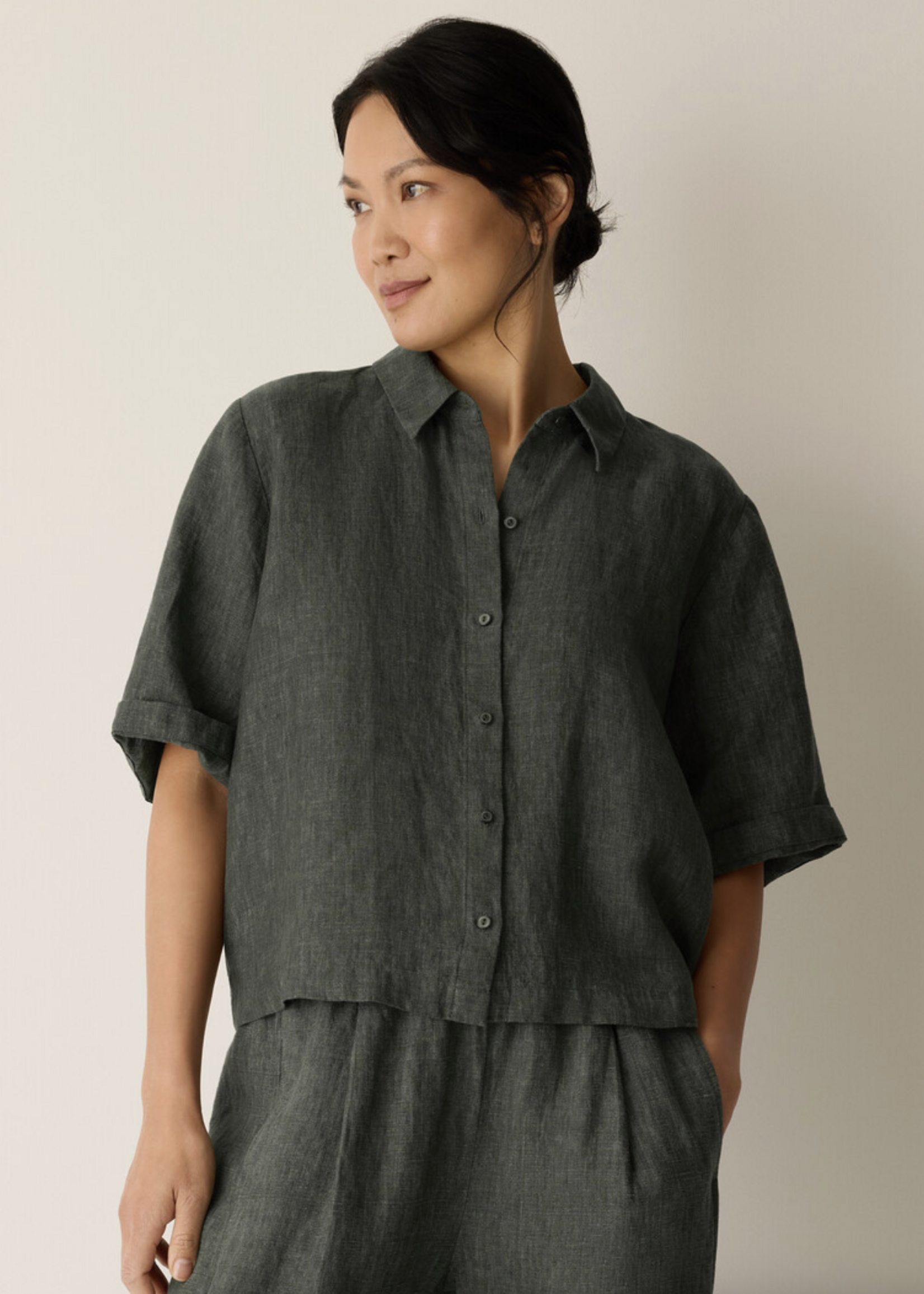 EILEEN FISHER WASHED ORGANIC LINEN DÉLAVÉ ELBOW SLEEVE TOP