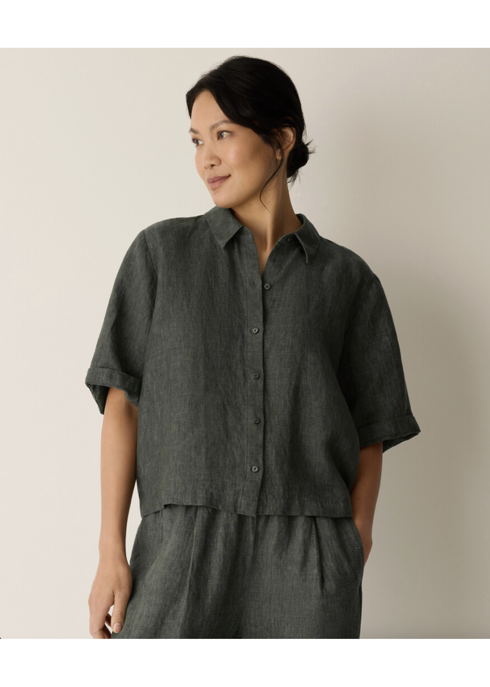 EILEEN FISHER WASHED ORGANIC LINEN DÉLAVÉ ELBOW SLEEVE TOP