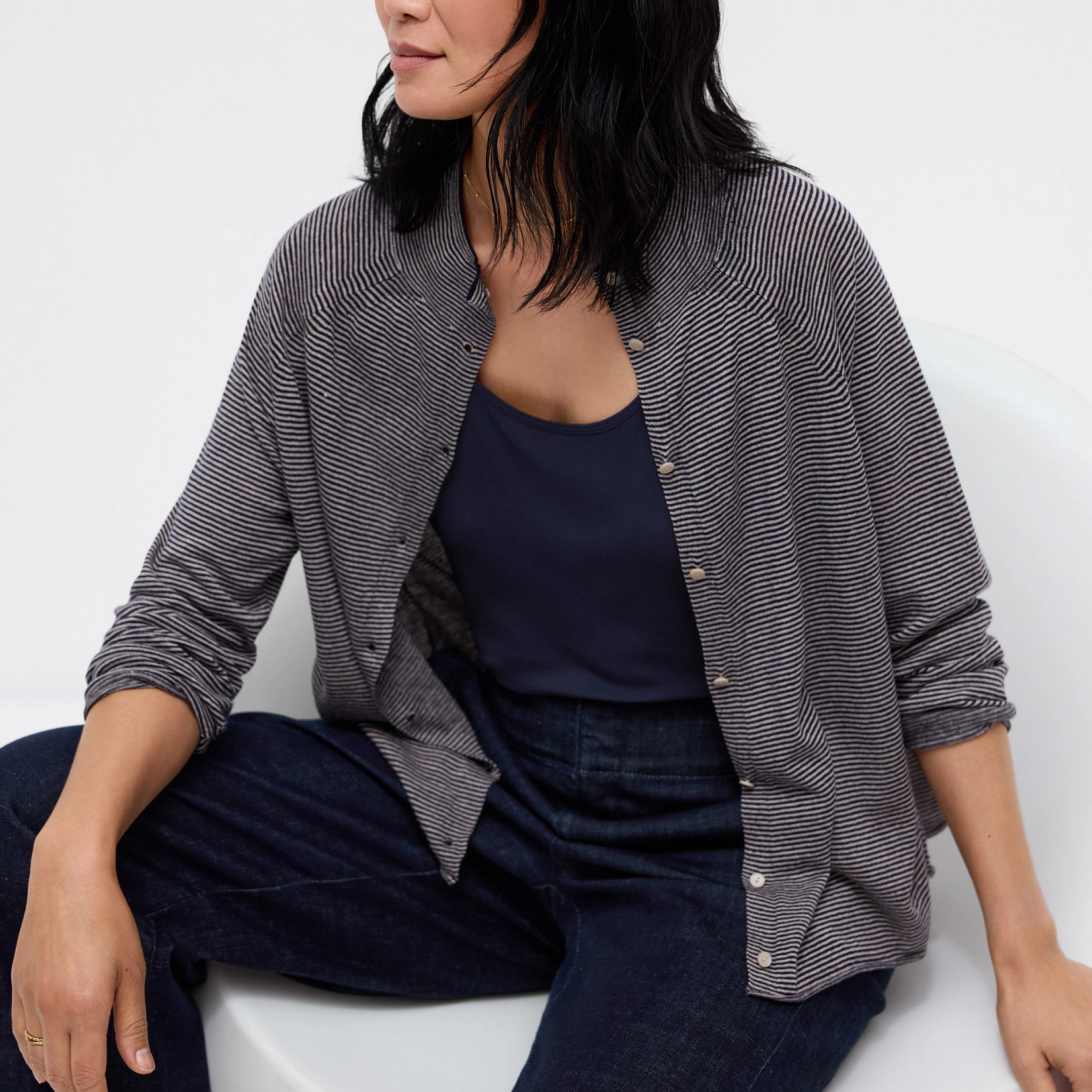 EILEEN FISHER ORGANIC LINEN COTTON HIGH COLLAR CARDIGAN