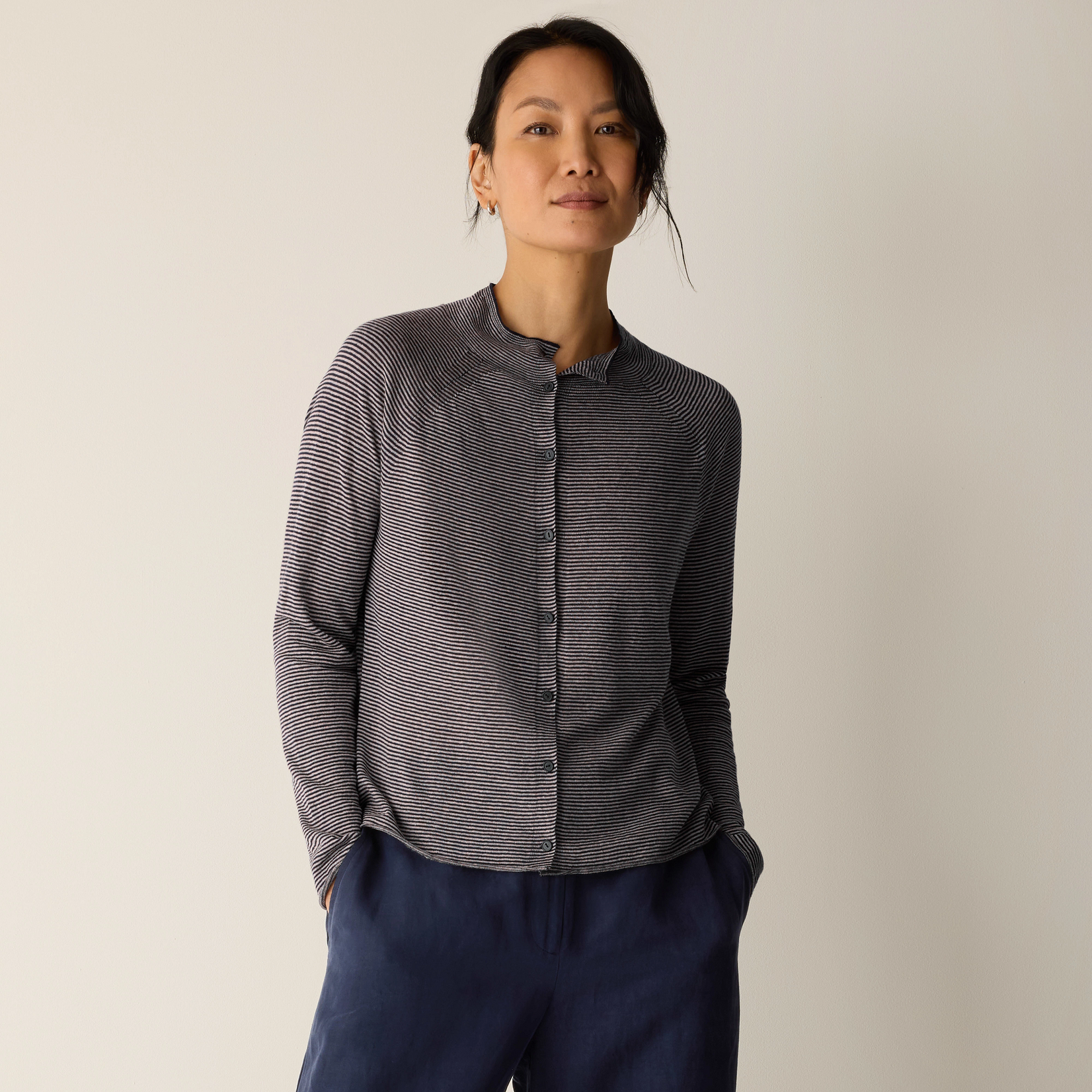 EILEEN FISHER ORGANIC LINEN COTTON HIGH COLLAR CARDIGAN