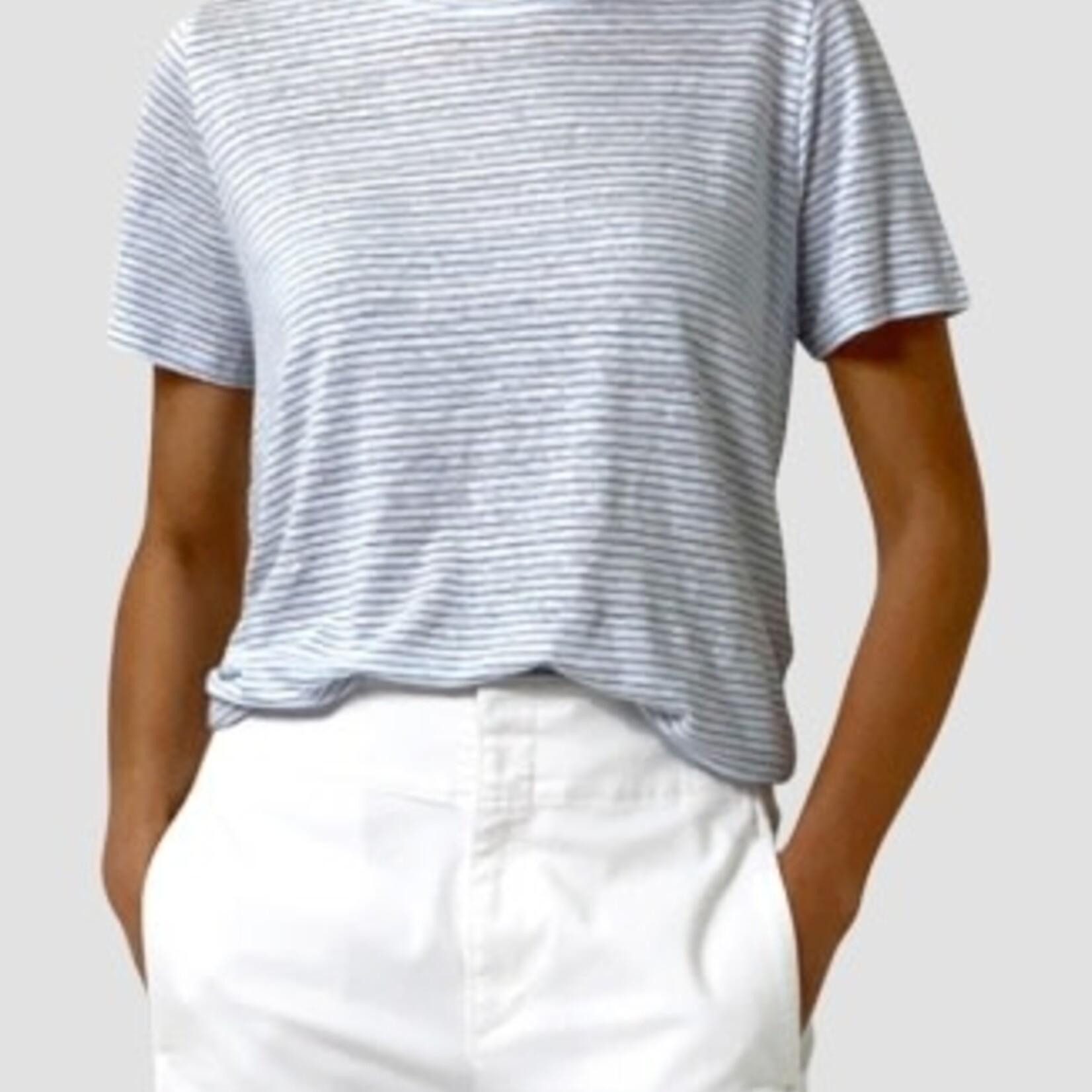 EILEEN FISHER STRIPED ORGANIC LINEN JERSEY CREW NECK TEE