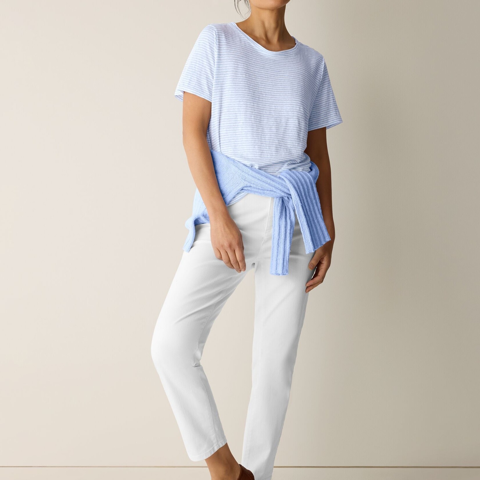 EILEEN FISHER STRIPED ORGANIC LINEN JERSEY CREW NECK TEE