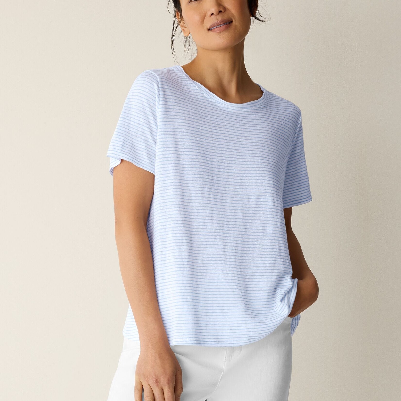 EILEEN FISHER STRIPED ORGANIC LINEN JERSEY CREW NECK TEE