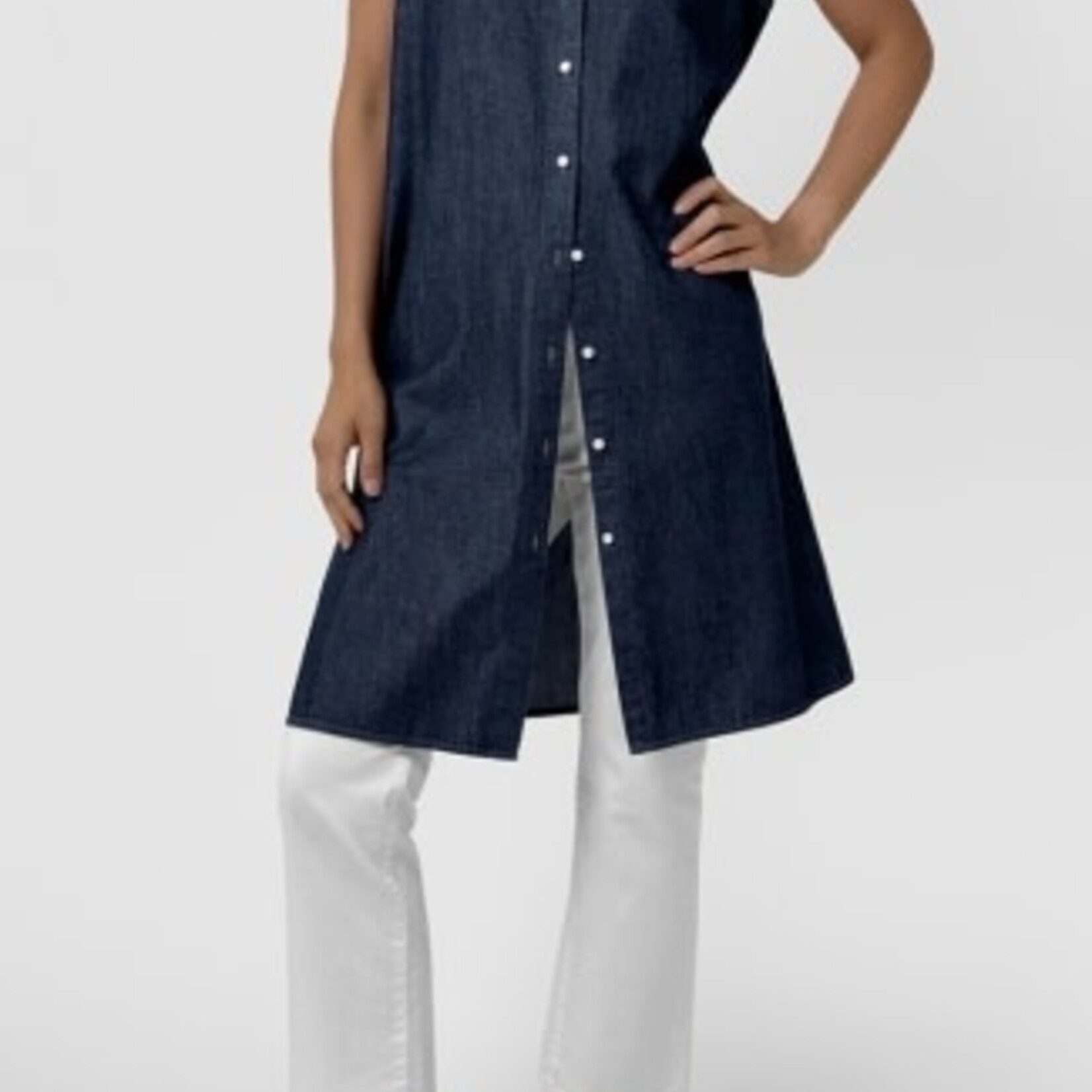 EILEEN FISHER ORGANIC COTTON DENIM BAND COLLAR DRESS