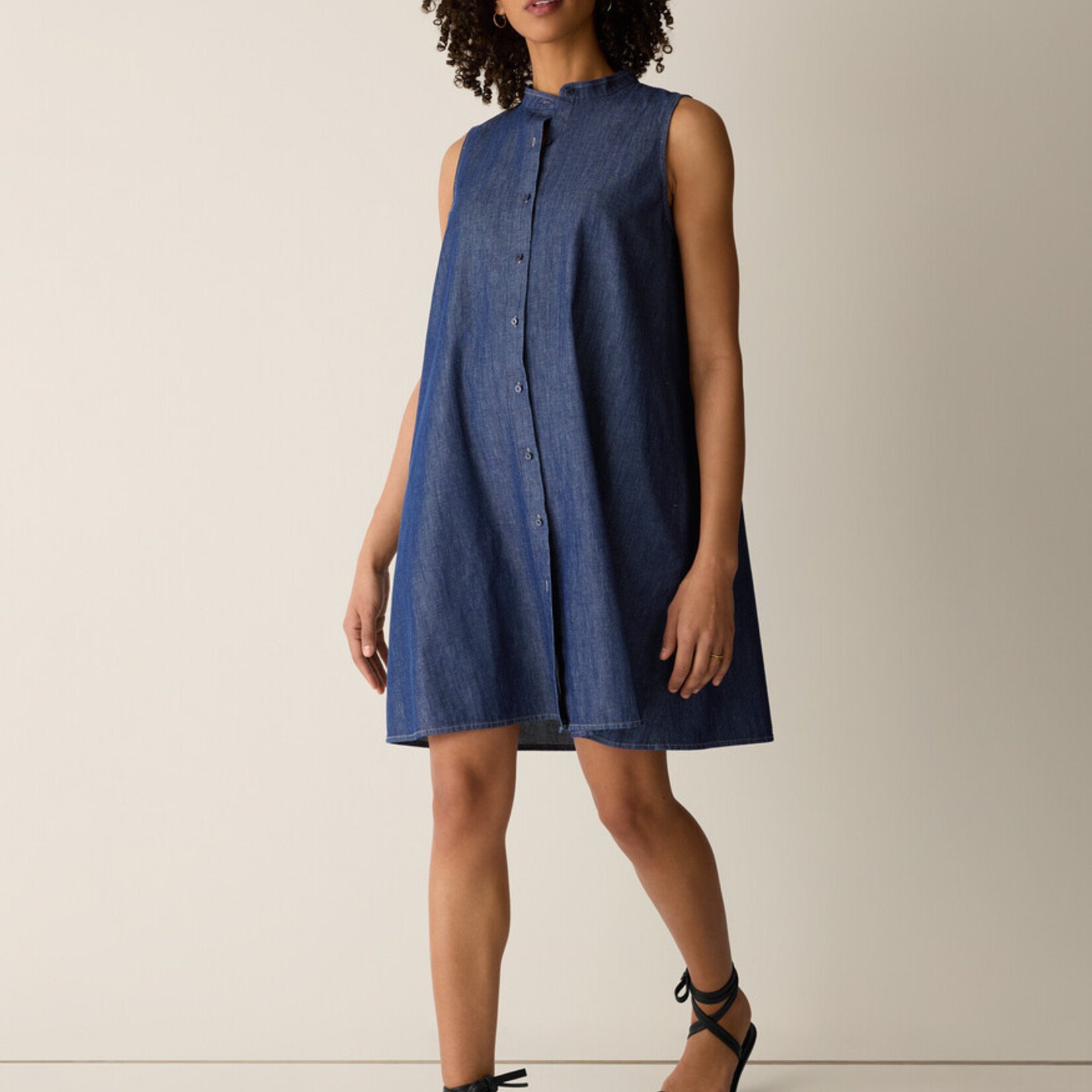 EILEEN FISHER ORGANIC COTTON DENIM BAND COLLAR DRESS