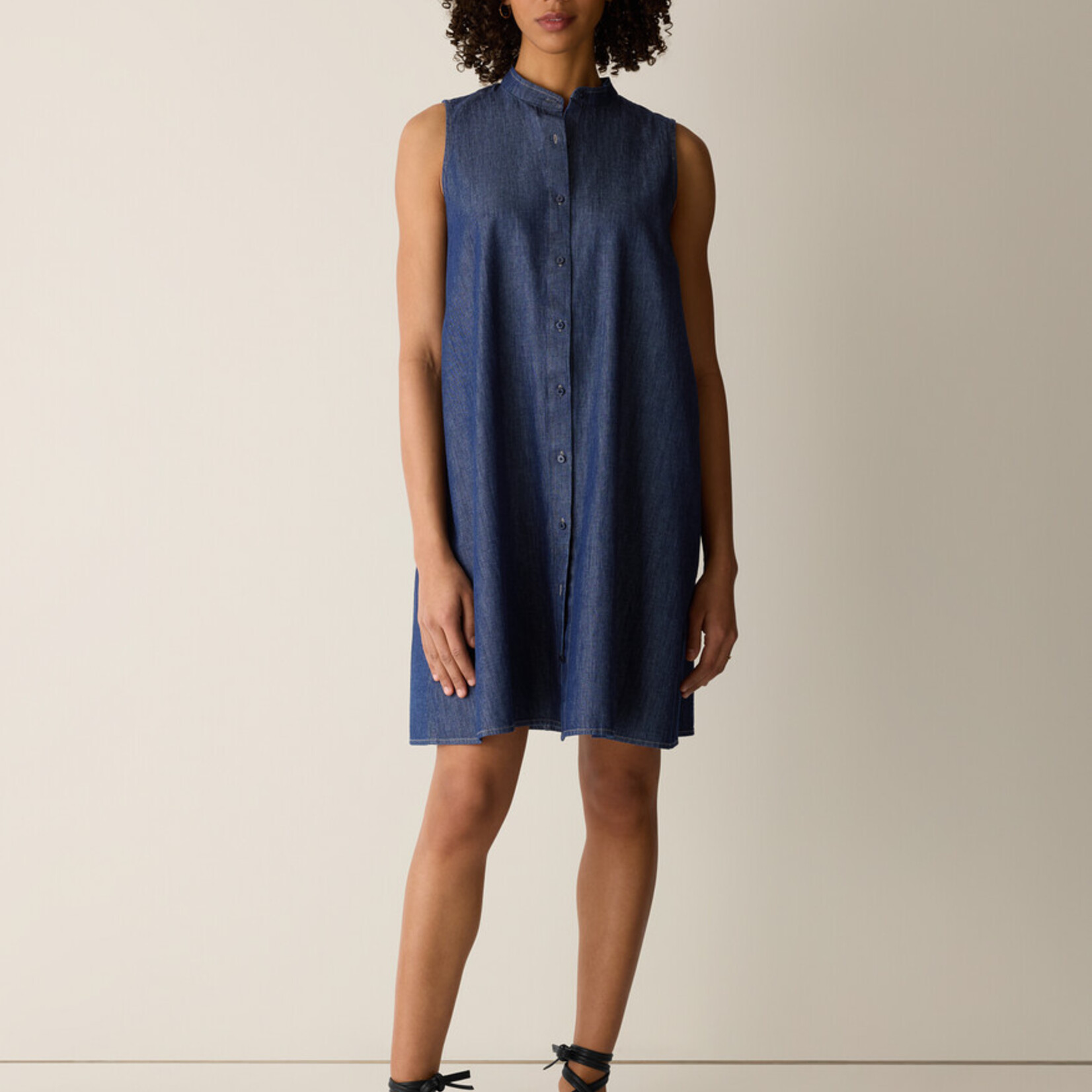 EILEEN FISHER ORGANIC COTTON DENIM BAND COLLAR DRESS
