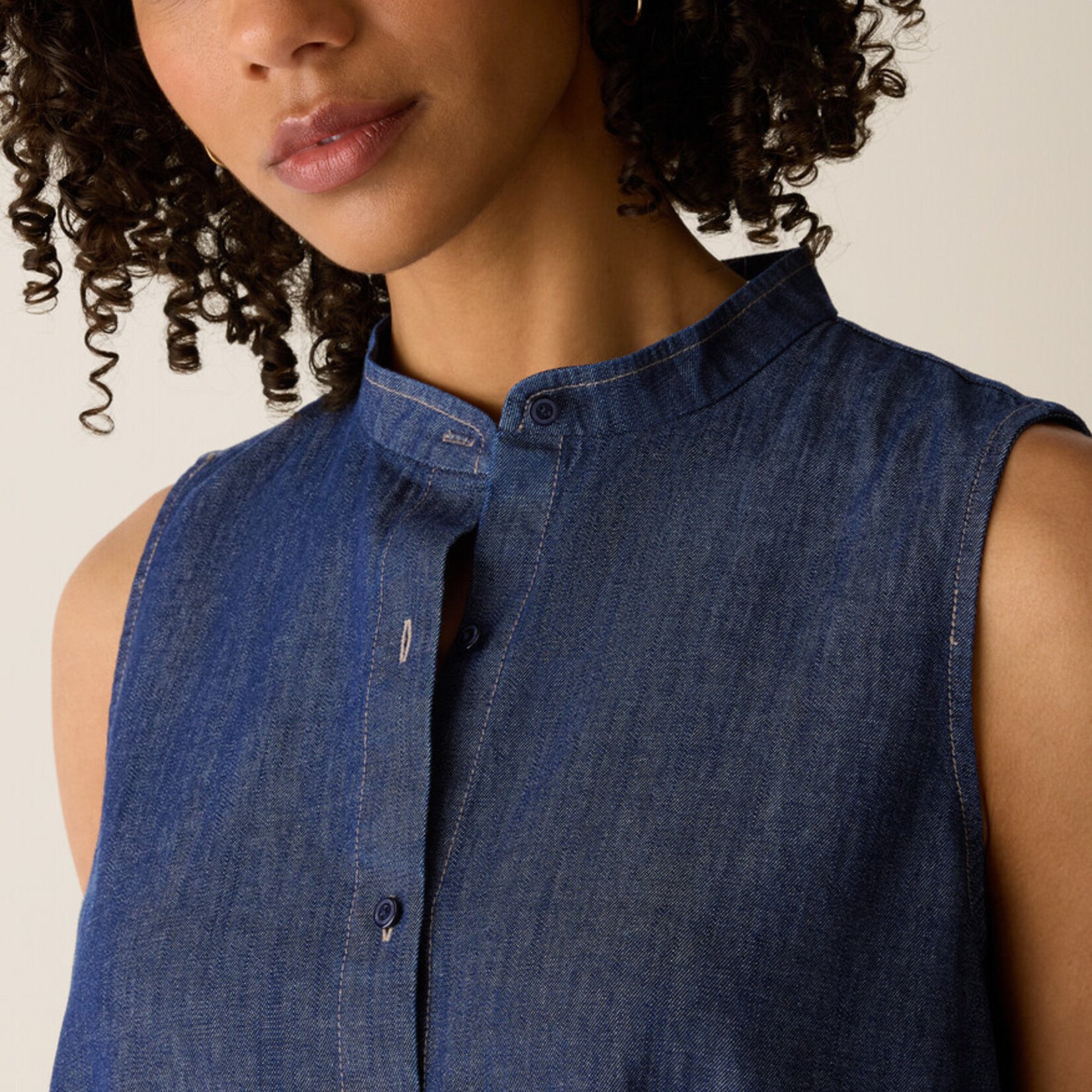 EILEEN FISHER ORGANIC COTTON DENIM BAND COLLAR DRESS