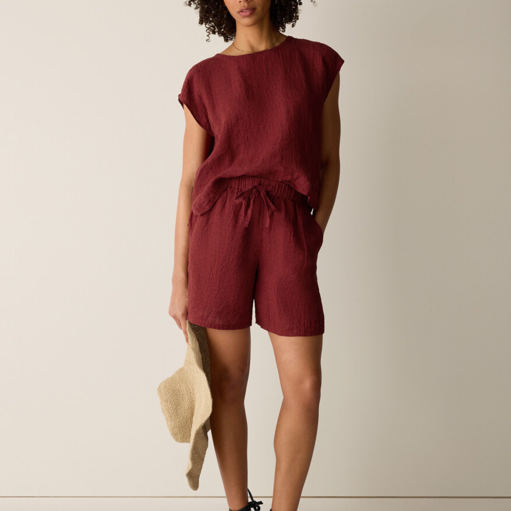 EILEEN FISHER PUCKERED ORGANIC LINEN STRIPE SHORTS