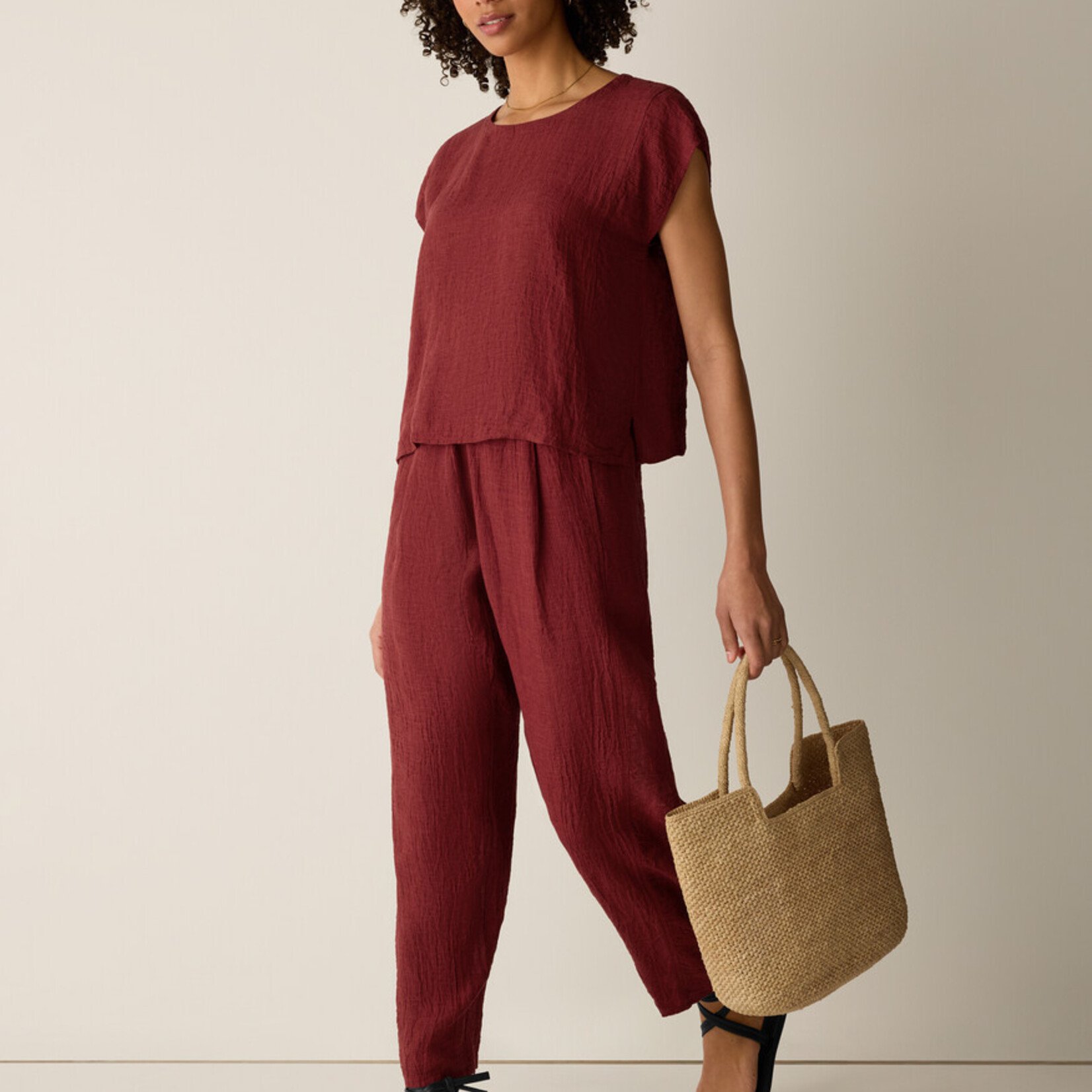 EILEEN FISHER PUCKERED ORGANIC LINEN STRIPE SQUARE TOP