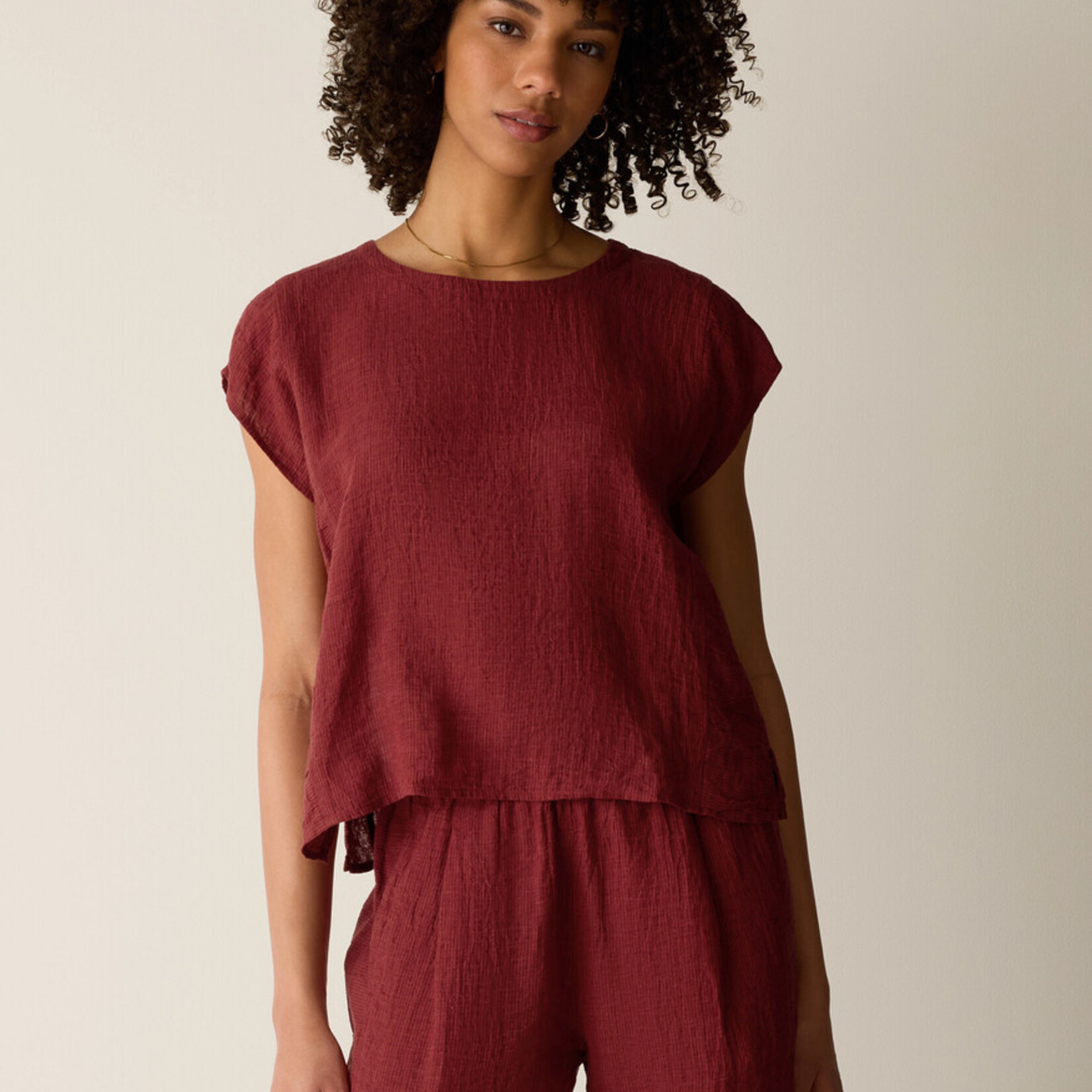 EILEEN FISHER PUCKERED ORGANIC LINEN STRIPE SQUARE TOP