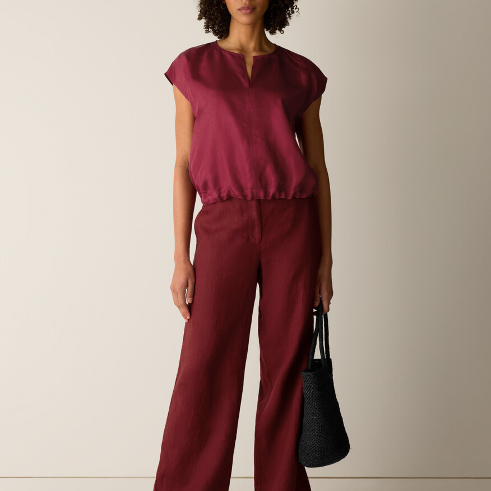 EILEEN FISHER LIGHTWEIGHT SATIN SHIMMER SPLIT NECK TOP