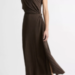 VINCE DIAGONAL PLEATED TWIST-WAIST DRESS