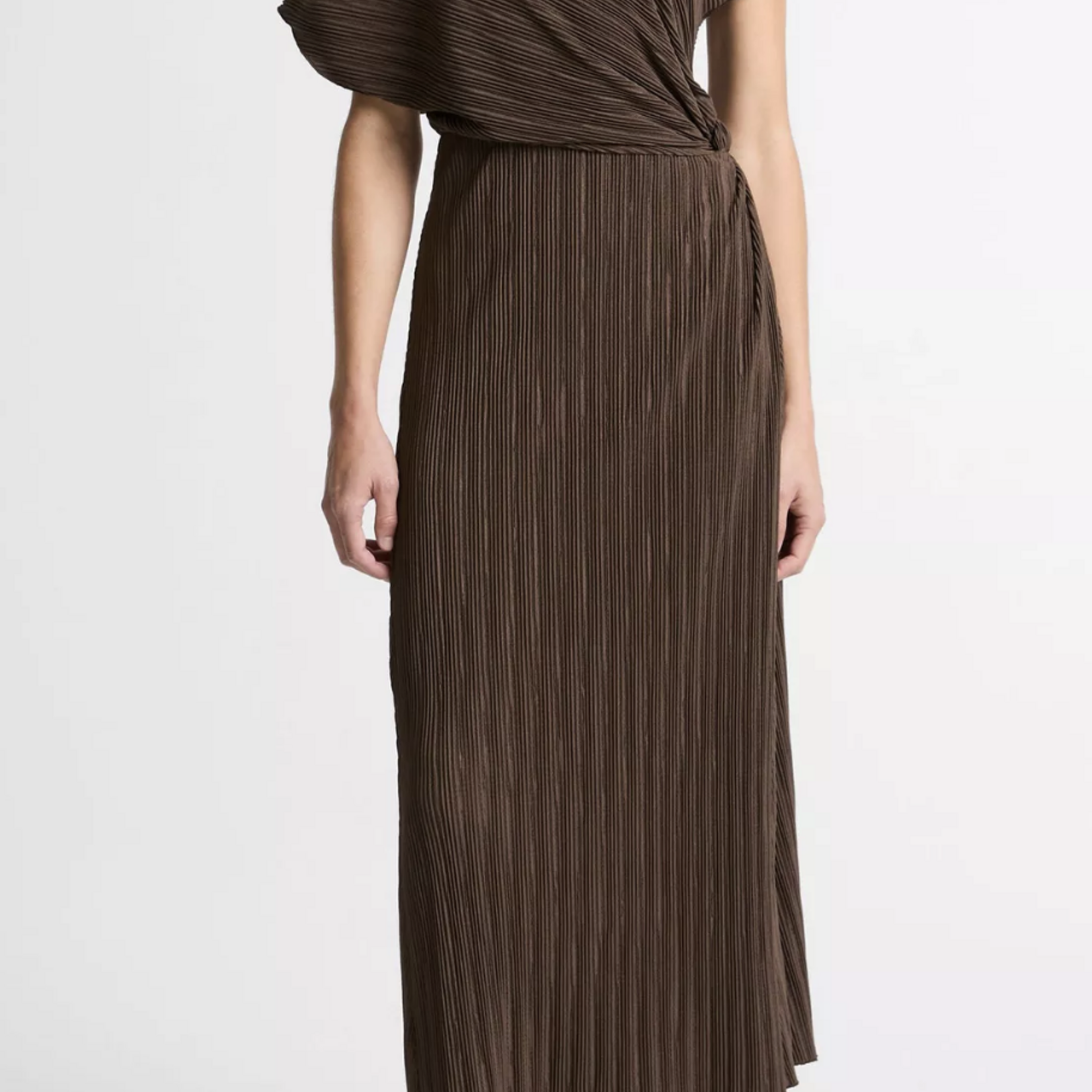 VINCE DIAGONAL PLEATED TWIST-WAIST DRESS