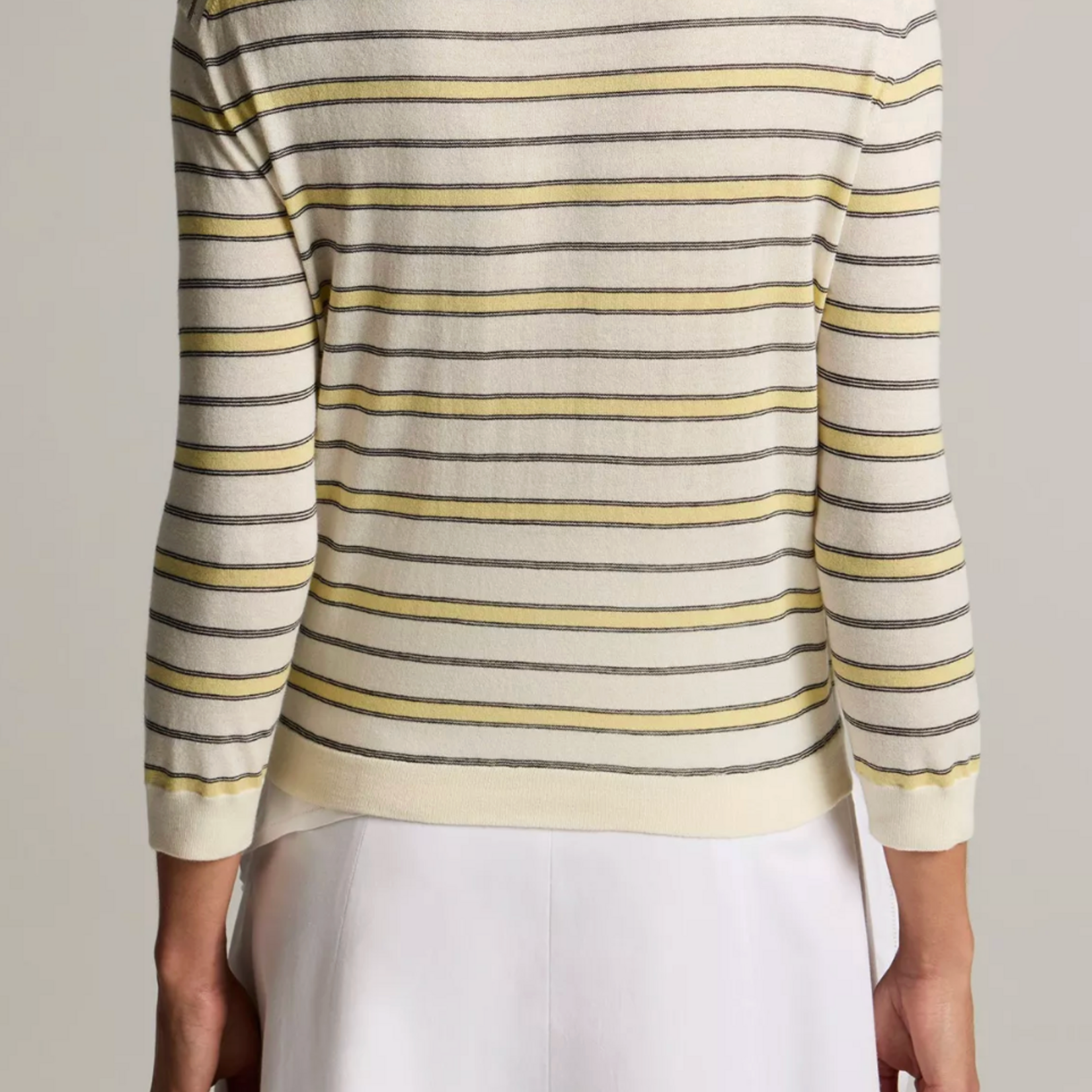VINCE STRIPED ITALIAN COTTON-CASHMERE 3/4 SLEEVE CARDIGAN
