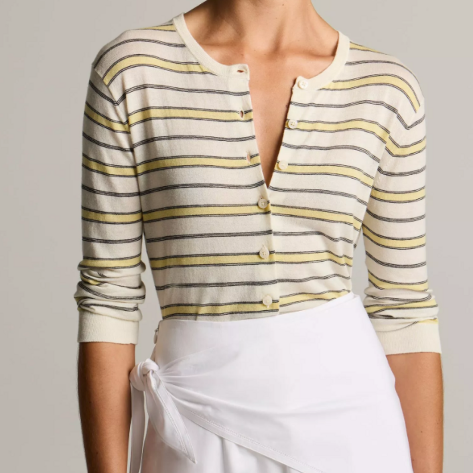 VINCE STRIPED ITALIAN COTTON-CASHMERE 3/4 SLEEVE CARDIGAN