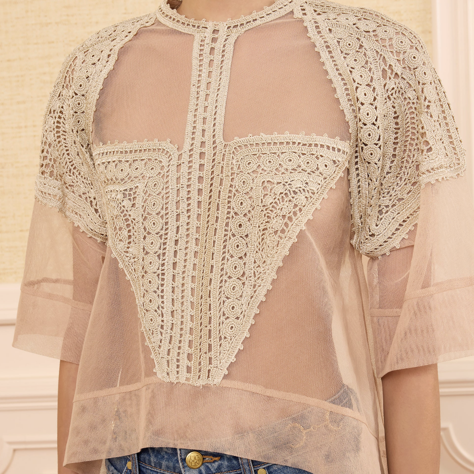 ULLA JOHNSON TESS CROCHET & TULLE TOP