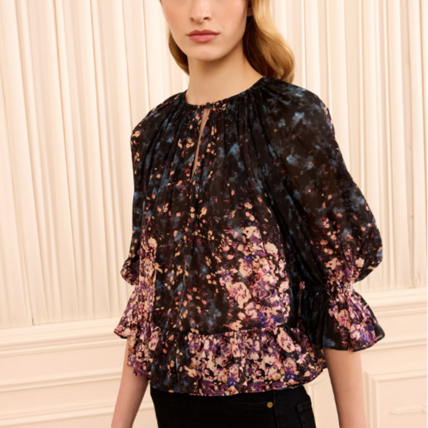 ULLA JOHNSON ELISE SHORT SLEEVE SILK BLOUSE