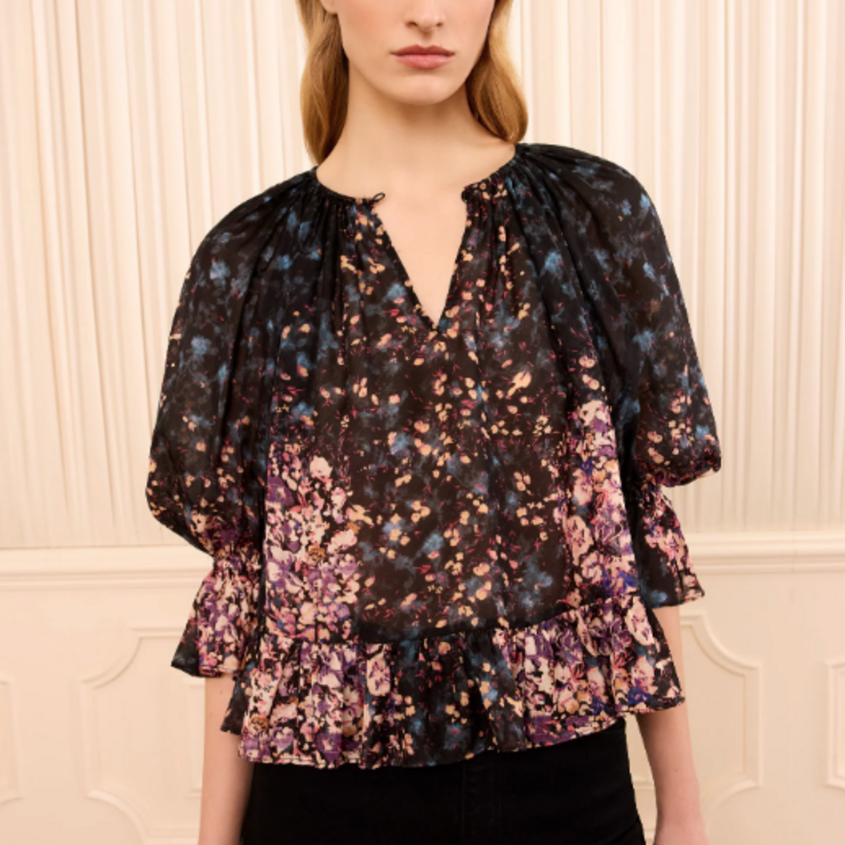 ULLA JOHNSON ELISE SHORT SLEEVE SILK BLOUSE