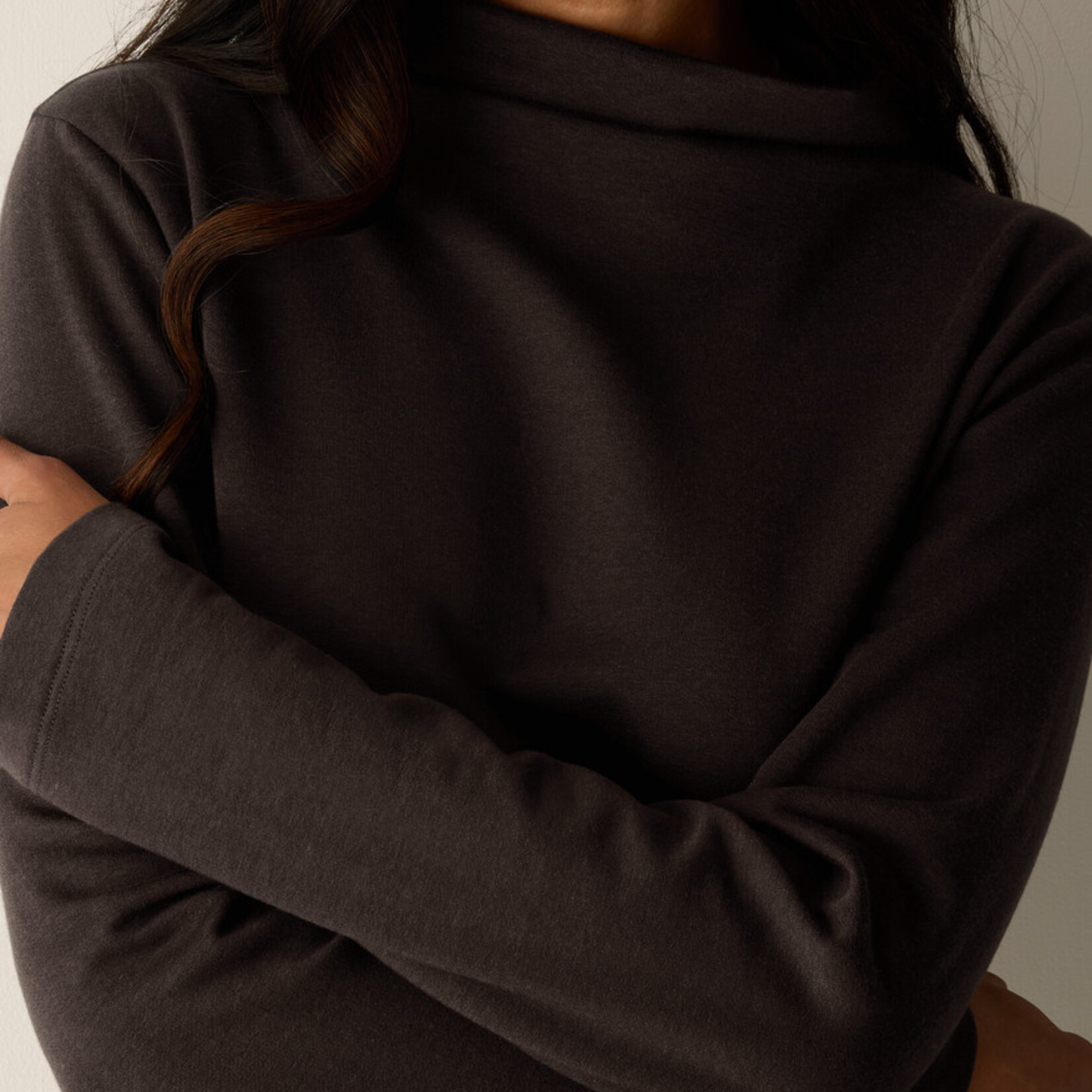 EILEEN FISHER COZY BRUSHED TERRY HUG FUNNEL NECK LONG TOP