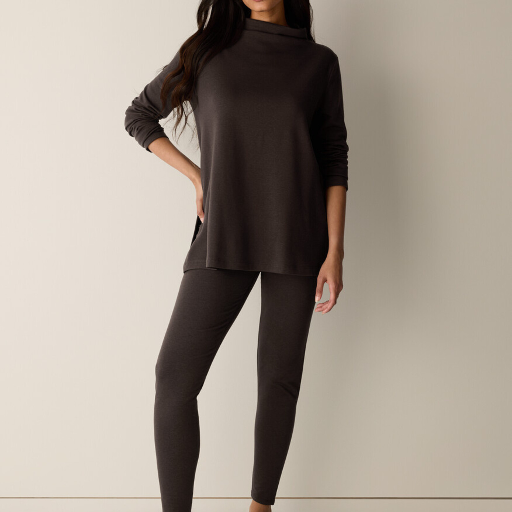 EILEEN FISHER COZY BRUSHED TERRY HUG FUNNEL NECK LONG TOP