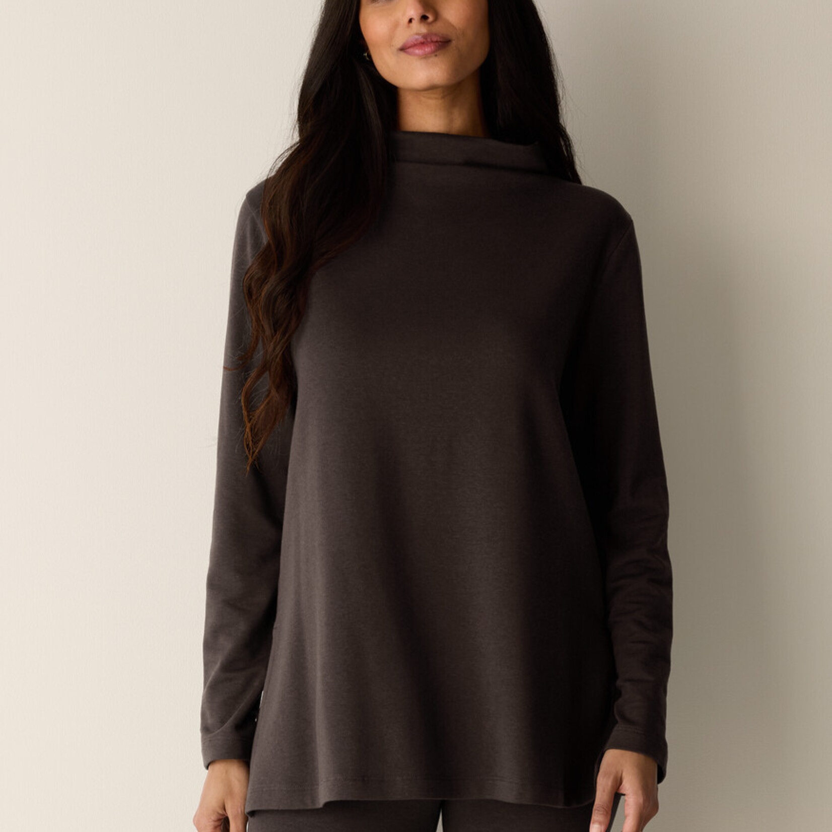 EILEEN FISHER COZY BRUSHED TERRY HUG FUNNEL NECK LONG TOP