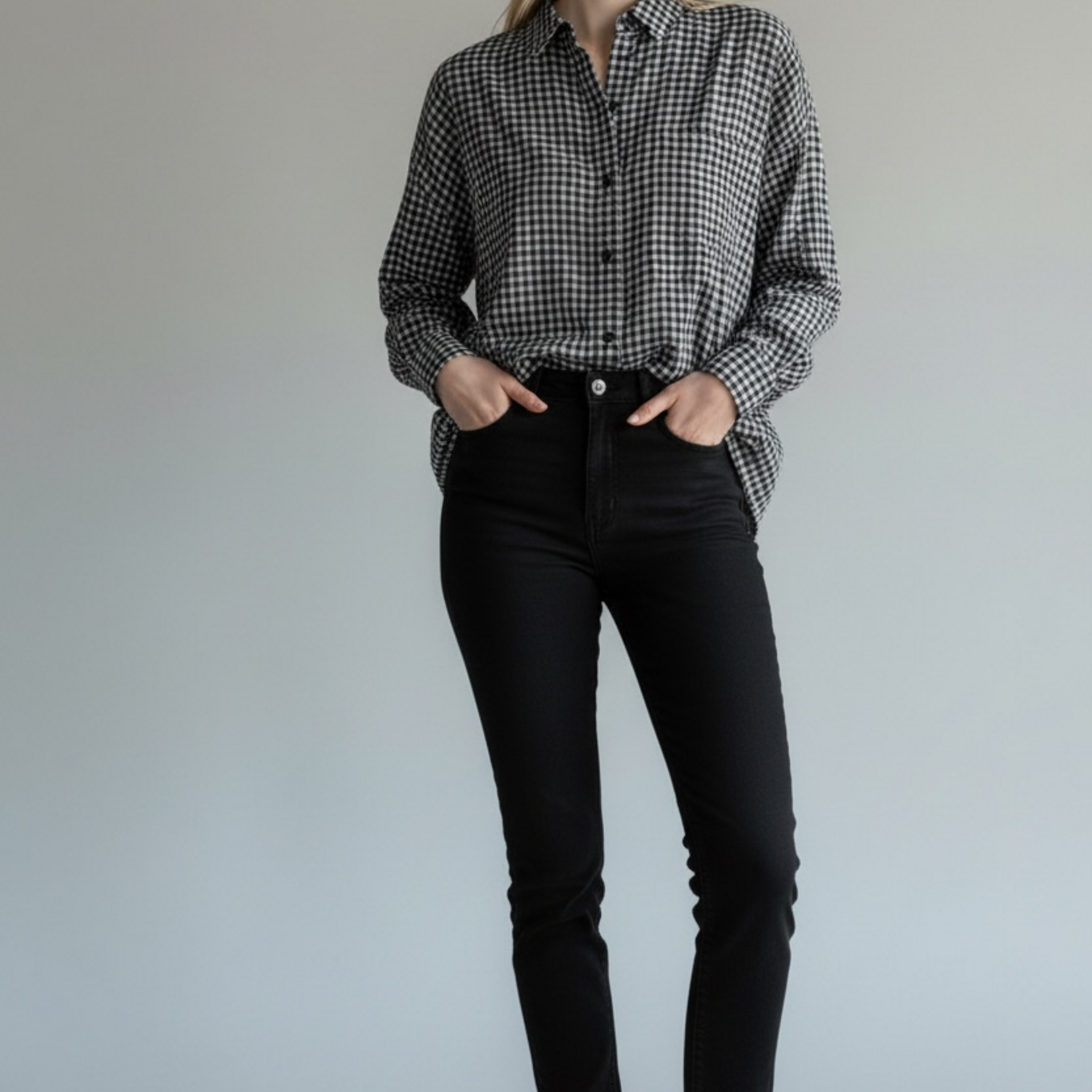 EILEEN FISHER WOOL COTTON CHECK CLASSIC COLLAR LONG SHIRT