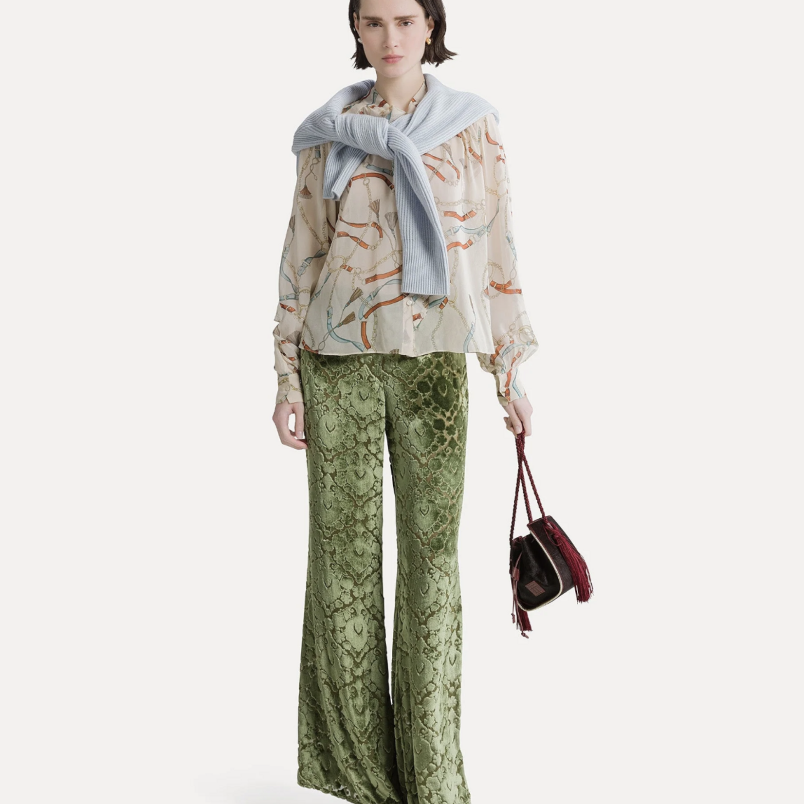 FORTE FORTE FLARED FLORAL BURNOUT VELVET TROUSERS