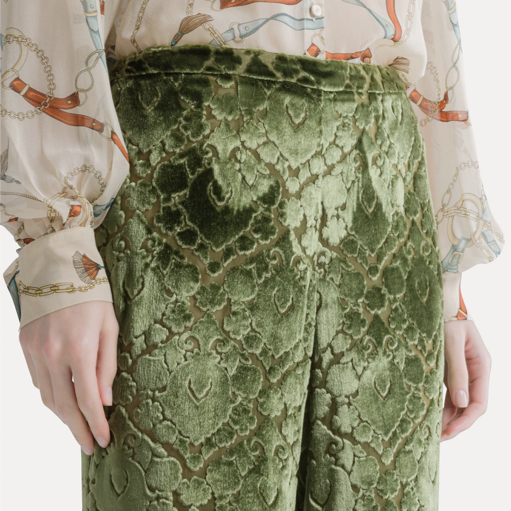 FORTE FORTE FLARED FLORAL BURNOUT VELVET TROUSERS