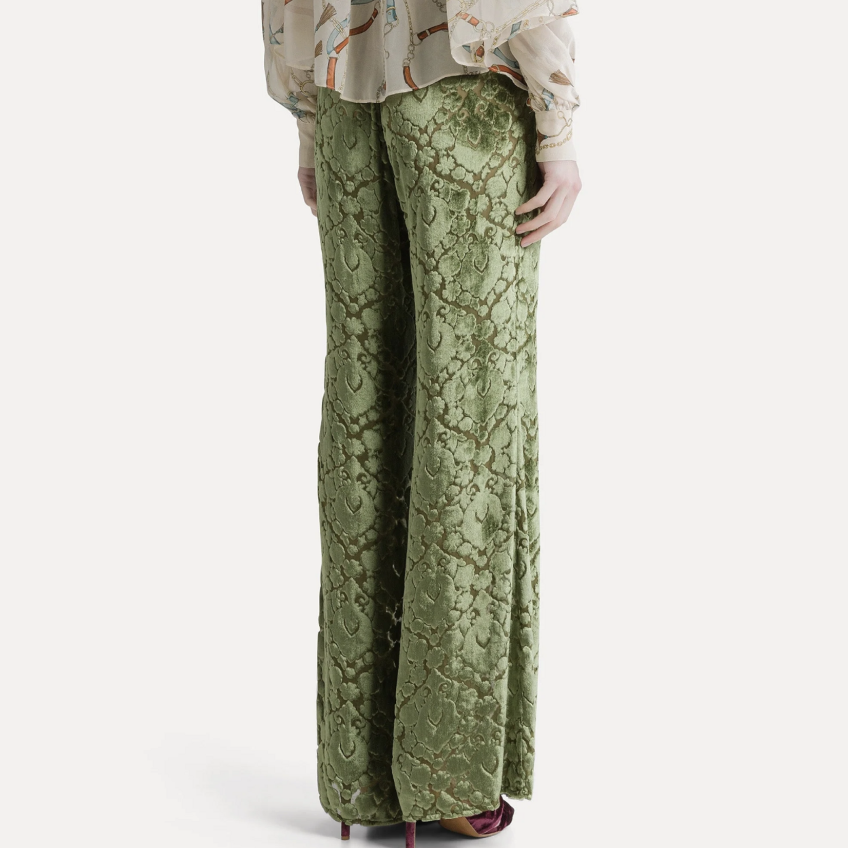 FORTE FORTE FLARED FLORAL BURNOUT VELVET TROUSERS