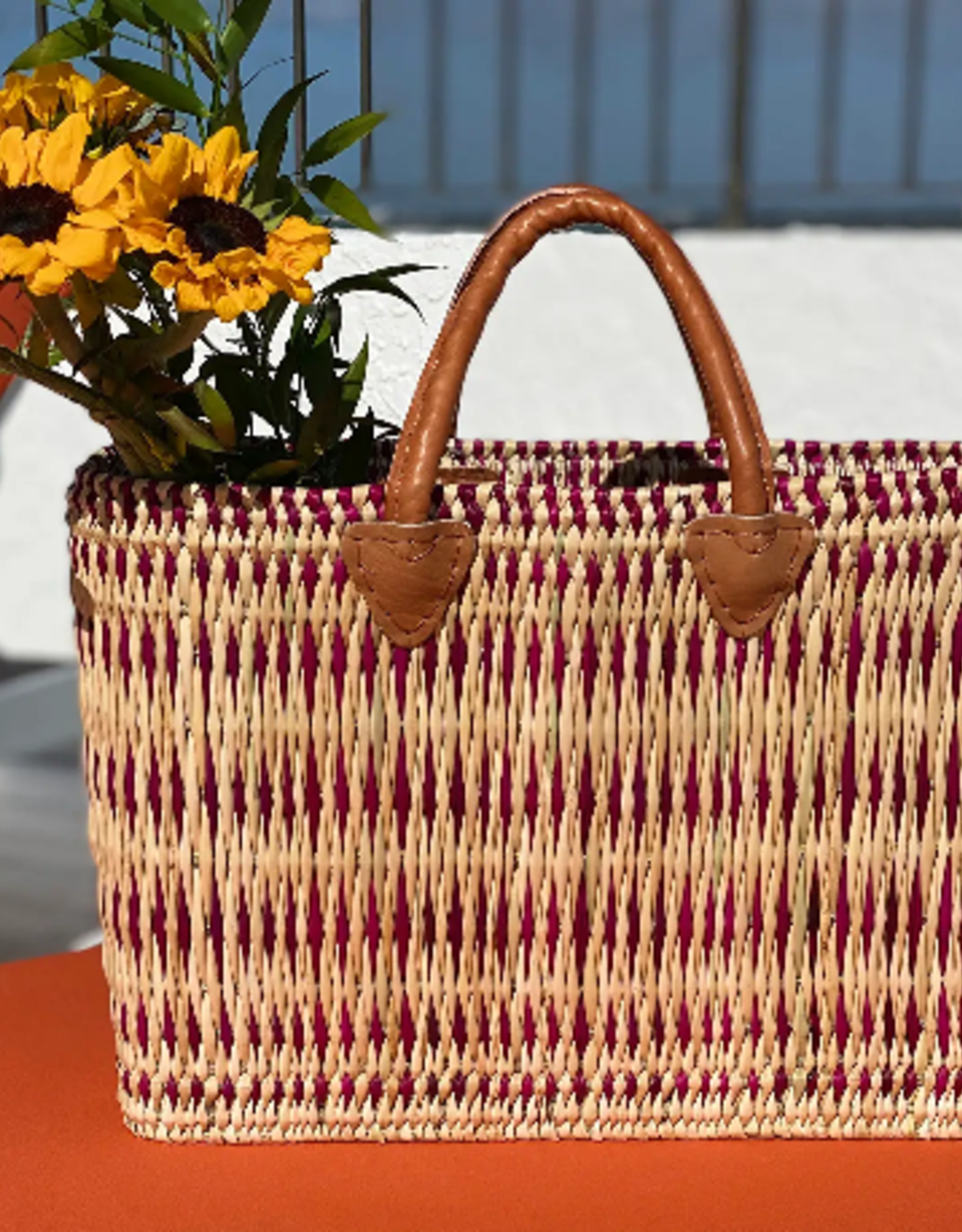 Basket Tote Straw With Purple Stripes Large